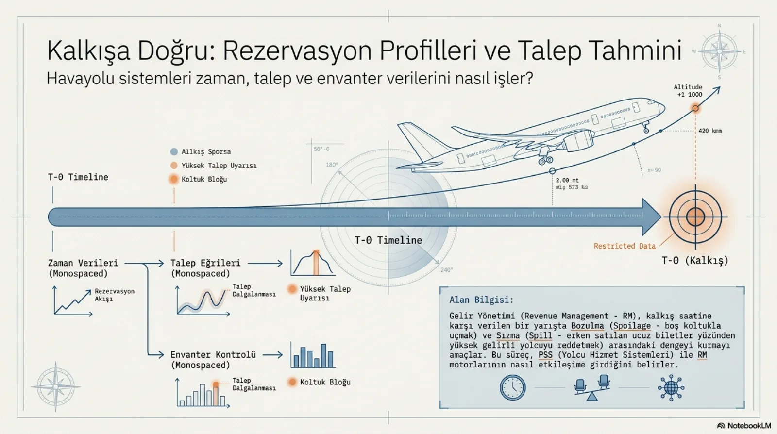 Sunumun kapak slaytı, teknik çizim üslubunda. Başlık: Kalkışa Doğru, Rezervasyon Profilleri ve Talep Tahmini. Alt başlık: havayolu sistemleri zaman, talep ve envanter verilerini nasıl işler? Soldan sağa uzanan kalın mavi bir T-0 zaman çizgisi, ucunda T-0 (Kalkış) yazan bir hedef işareti; üzerinde kalkışa geçen bir yolcu uçağı. Altta üç kol: Zaman Verileri (rezervasyon akışı grafiği), Talep Eğrileri (talep dalgalanması ve yüksek talep uyarısı), Envanter Kontrolü (çubuk grafik ve koltuk bloğu). Sağ altta alan bilgisi kutusu: gelir yönetimi, kalkış saatine karşı verilen bir yarışta bozulma (spoilage, boş koltukla uçmak) ile sızma (spill, erken satılan ucuz biletler yüzünden yüksek gelirli yolcuyu reddetmek) arasındaki dengeyi kurmayı amaçlar; bu süreç PSS ile RM motorlarının nasıl etkileşime girdiğini belirler.