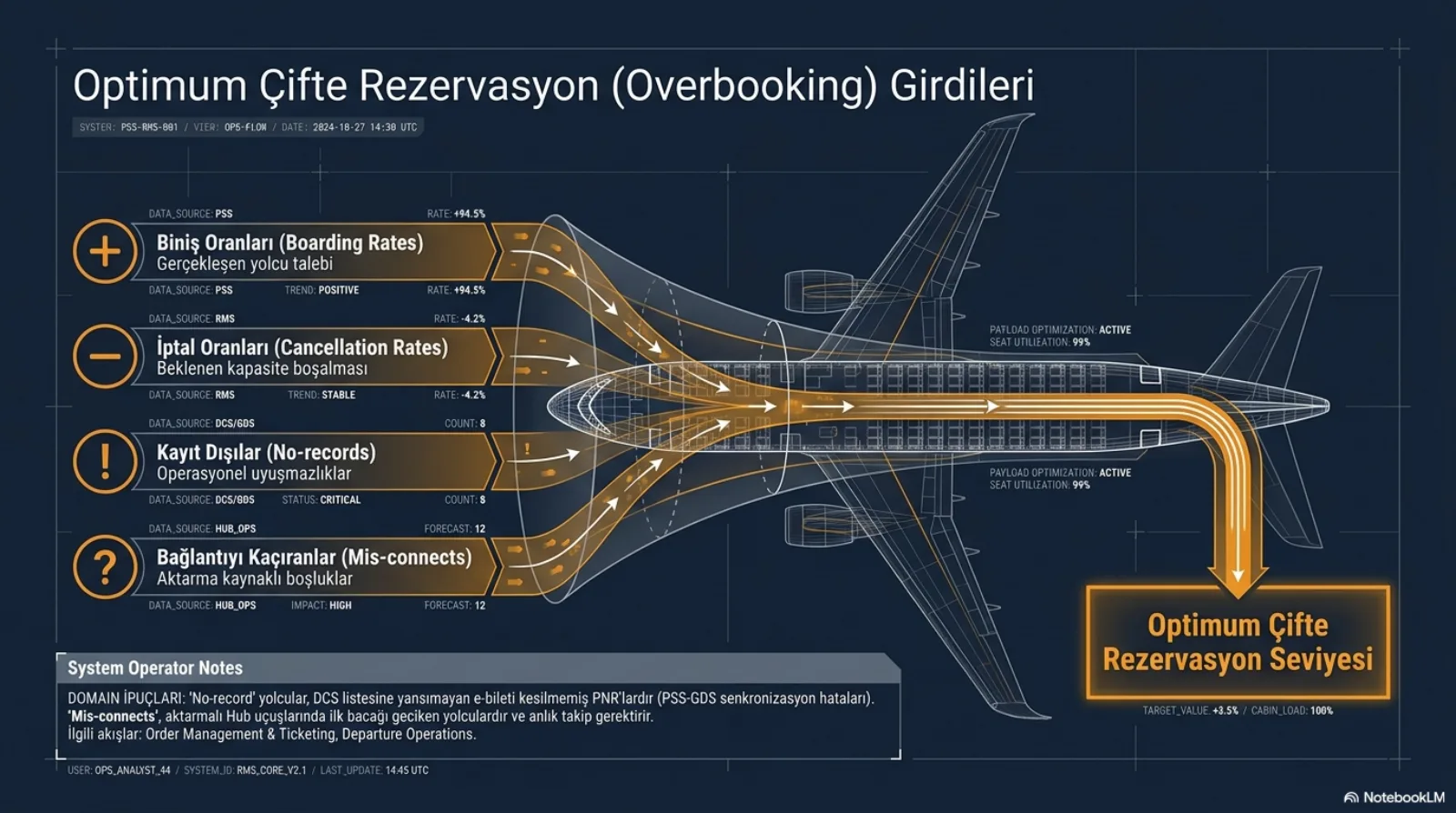 Başlık: Optimum Çifte Rezervasyon (Overbooking) Girdileri. Solda dört turuncu şerit bir uçağın burnuna doğru akıyor, uçağın gövdesinden geçip sağ alttaki Optimum Çifte Rezervasyon Seviyesi kutusuna iniyor. Şeritler: artı işaretiyle Biniş Oranları (Boarding Rates), gerçekleşen yolcu talebi, veri kaynağı PSS; eksi işaretiyle İptal Oranları (Cancellation Rates), beklenen kapasite boşalması, veri kaynağı RMS; ünlem işaretiyle Kayıt Dışılar (No-records), operasyonel uyuşmazlıklar, veri kaynağı DCS/GDS; soru işaretiyle Bağlantıyı Kaçıranlar (Mis-connects), aktarma kaynaklı boşluklar, veri kaynağı hub operasyonları. Alttaki not: no-record yolcular DCS listesine yansımayan e-bileti kesilmemiş PNR’lardır (PSS-GDS senkronizasyon hataları); mis-connects aktarmalı hub uçuşlarında ilk bacağı geciken yolculardır ve anlık takip gerektirir; ilgili akışlar sipariş yönetimi ve biletleme ile kalkış operasyonları.