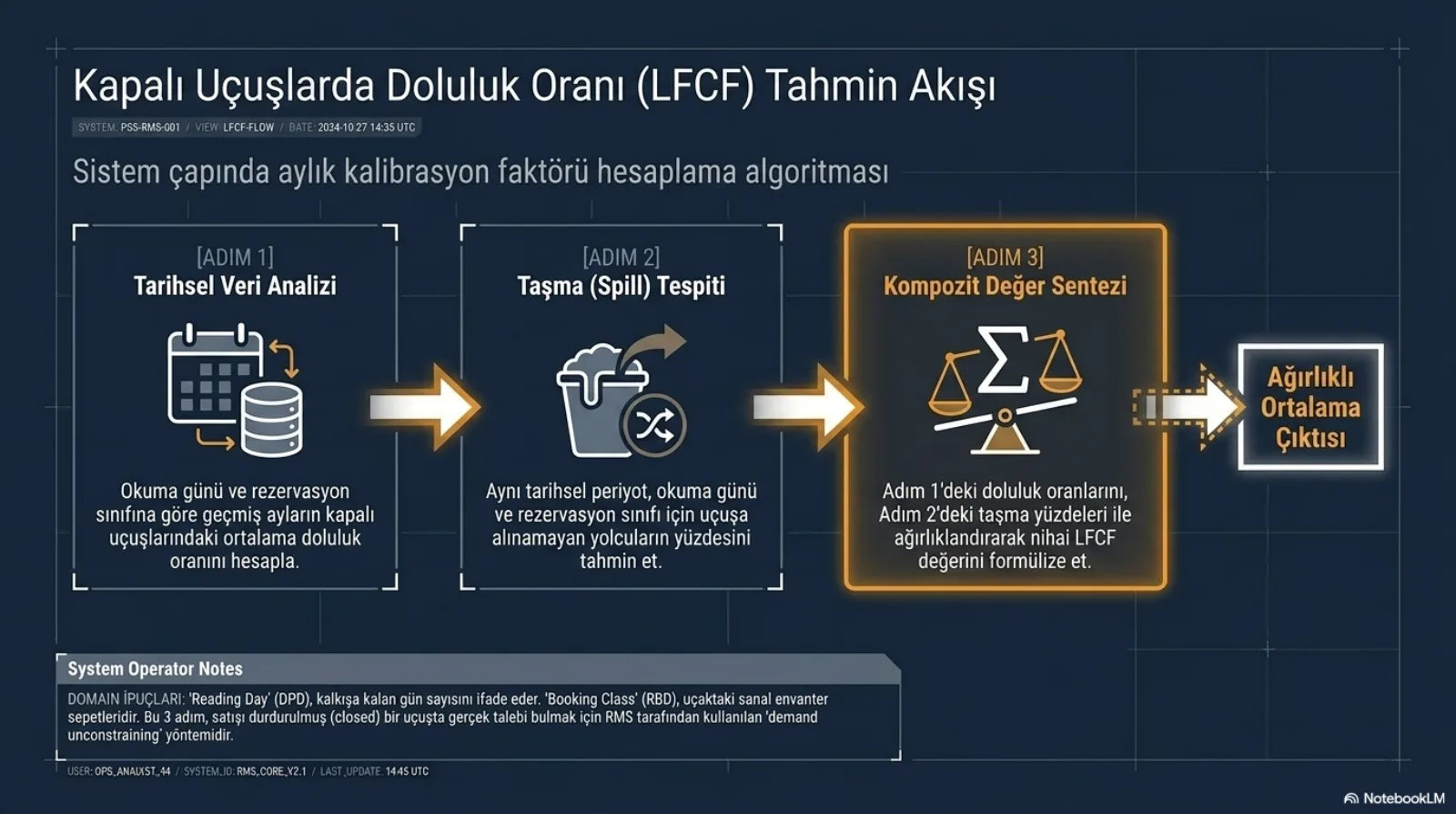 Başlık: Kapalı Uçuşlarda Doluluk Oranı (LFCF) Tahmin Akışı. Alt başlık: sistem çapında aylık kalibrasyon faktörü hesaplama algoritması. Soldan sağa oklarla bağlı üç adım. Adım 1, Tarihsel Veri Analizi: okuma günü ve rezervasyon sınıfına göre geçmiş ayların kapalı uçuşlarındaki ortalama doluluk oranını hesapla. Adım 2, Taşma (Spill) Tespiti: aynı tarihsel periyot, okuma günü ve rezervasyon sınıfı için uçuşa alınamayan yolcuların yüzdesini tahmin et. Adım 3, turuncu çerçeveyle vurgulanmış, Kompozit Değer Sentezi: Adım 1’deki doluluk oranlarını Adım 2’deki taşma yüzdeleri ile ağırlıklandırarak nihai LFCF değerini formülize et. Sonuç kutusu: Ağırlıklı Ortalama Çıktısı. Alttaki not: Reading Day (DPD) kalkışa kalan gün sayısıdır, Booking Class (RBD) uçaktaki sanal envanter sepetleridir; bu üç adım satışı durdurulmuş bir uçuşta gerçek talebi bulmak için gelir yönetimi sisteminin kullandığı demand unconstraining yöntemidir.