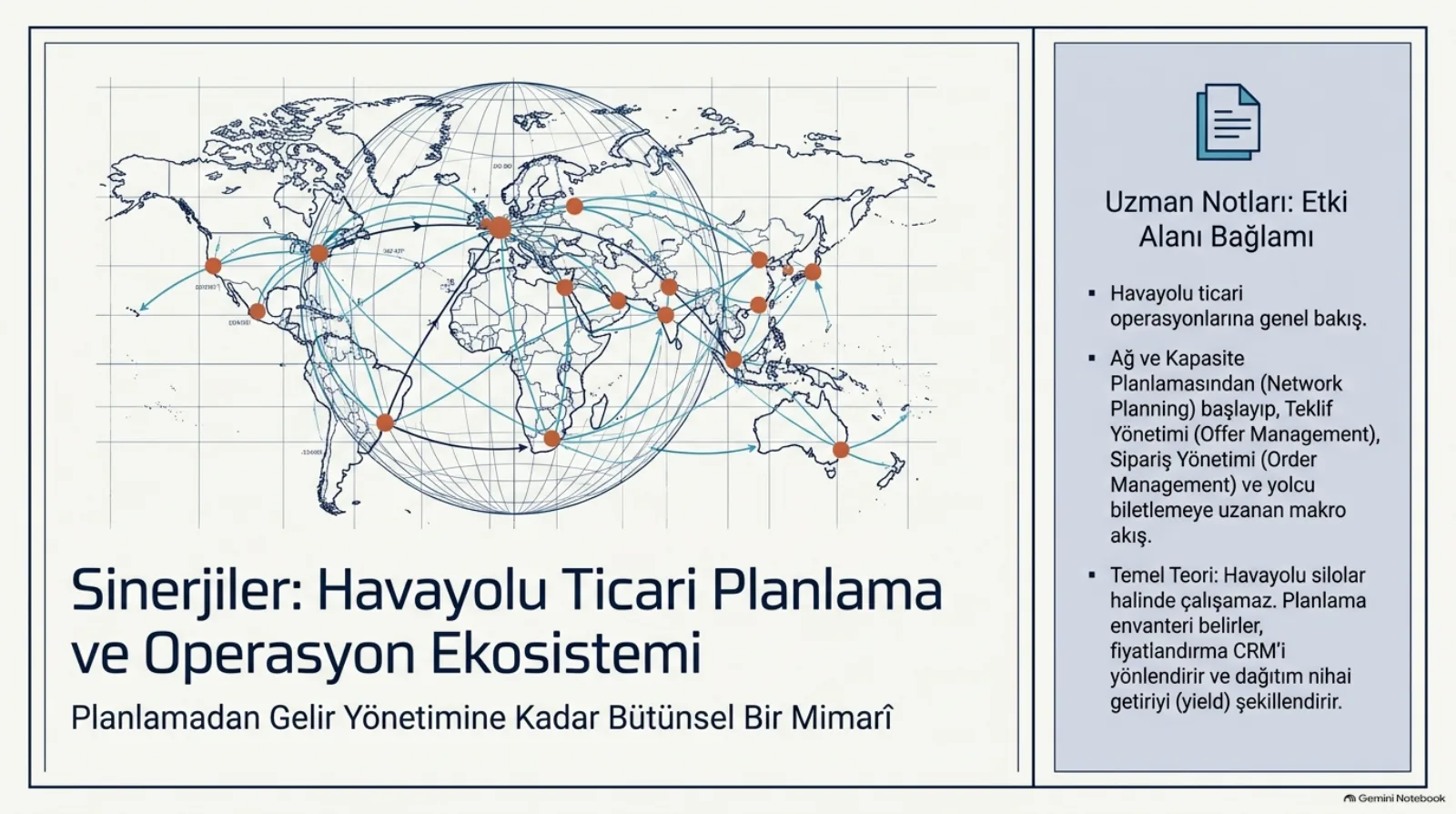 Sunumun kapak slaytı. Solda bir dünya haritası ve üstüne çizilmiş küre, kıtalar arasında turuncu noktalarla işaretlenmiş havalimanları ve bunları birbirine bağlayan uçuş okları. Başlık: Sinerjiler, Havayolu Ticari Planlama ve Operasyon Ekosistemi. Alt başlık: Planlamadan Gelir Yönetimine Kadar Bütünsel Bir Mimari. Sağda uzman notları kutusu: havayolu ticari operasyonlarına genel bakış; ağ ve kapasite planlamasından başlayıp teklif yönetimi, sipariş yönetimi ve yolcu biletlemeye uzanan makro akış; temel teori olarak havayolunun silolar halinde çalışamayacağı, planlamanın envanteri belirlediği, fiyatlandırmanın CRM’i yönlendirdiği ve dağıtımın nihai getiriyi şekillendirdiği.