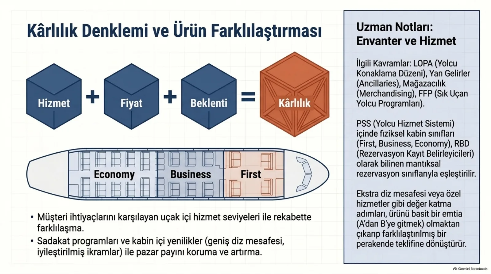 Başlık: Kârlılık Denklemi ve Ürün Farklılaştırması. Üstte küp biçiminde bir denklem: Hizmet artı Fiyat artı Beklenti eşittir Kârlılık (son küp turuncu). Altında yandan görünüşte bir uçak kabini üç bölgeye ayrılmış: Economy, Business, First. Altta iki madde: müşteri ihtiyaçlarını karşılayan uçak içi hizmet seviyeleri ile rekabette farklılaşma; sadakat programları ve kabin içi yenilikler (geniş diz mesafesi, iyileştirilmiş ikramlar) ile pazar payını koruma ve artırma. Sağda notlar: ilgili kavramlar LOPA, yan gelirler (ancillaries), mağazacılık (merchandising) ve sık uçan yolcu programları; PSS içinde fiziksel kabin sınıfları (First, Business, Economy), RBD (rezervasyon kayıt belirleyicileri) olarak bilinen mantıksal rezervasyon sınıflarıyla eşleştirilir; ekstra diz mesafesi gibi değer katma adımları ürünü basit bir emtia olmaktan çıkarıp farklılaştırılmış bir perakende teklifine dönüştürür.