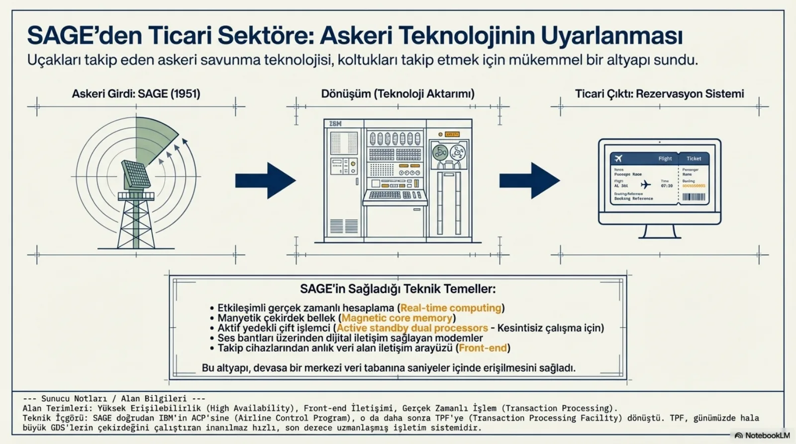 Slayt askeri teknolojinin ticari sisteme aktarımını üç adımda gösteriyor: SAGE 1951, IBM bilgisayarı, rezervasyon sistemi. Altta SAGE’in sağladığı temeller: gerçek zamanlı hesaplama, manyetik çekirdek bellek, aktif yedekli çift işlemci, ses bantları üzerinden dijital iletişim ve anlık veri alan iletişim arayüzü.