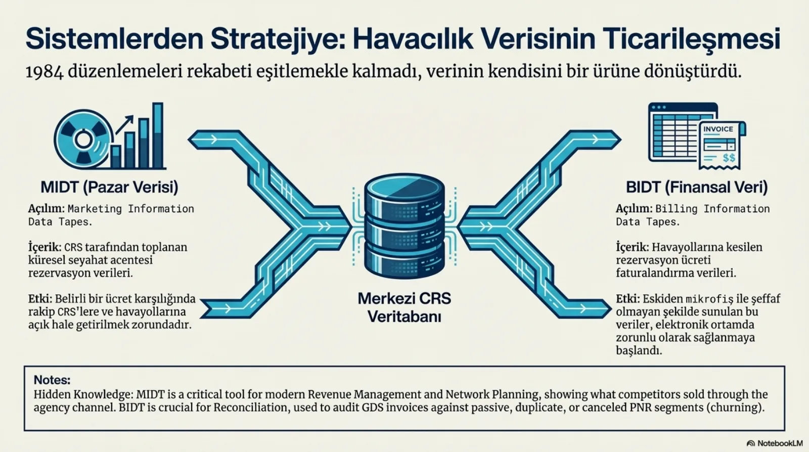 Başlık: Sistemlerden Stratejiye, Havacılık Verisinin Ticarileşmesi. Alt başlık: 1984 düzenlemeleri rekabeti eşitlemekle kalmadı, verinin kendisini bir ürüne dönüştürdü. Ortada merkezi CRS veritabanı silindiri, iki yana açık mavi veri hatları. Solda MIDT (pazar verisi): açılımı Marketing Information Data Tapes; içerik, CRS tarafından toplanan küresel seyahat acentesi rezervasyon verileri; etki, belirli bir ücret karşılığında rakip CRS’lere ve havayollarına açık hale getirilmek zorundadır. Sağda BIDT (finansal veri): açılımı Billing Information Data Tapes; içerik, havayollarına kesilen rezervasyon ücreti faturalandırma verileri; etki, eskiden mikrofiş ile şeffaf olmayan şekilde sunulan bu veriler elektronik ortamda zorunlu olarak sağlanmaya başlandı. Altta not: MIDT modern gelir yönetimi ve ağ planlaması için kritik bir araç, rakiplerin acente kanalından ne sattığını gösterir; BIDT mutabakat için kritik, GDS faturalarını pasif, mükerrer ya da iptal edilmiş PNR segmentlerine (churning) karşı denetlemekte kullanılır.