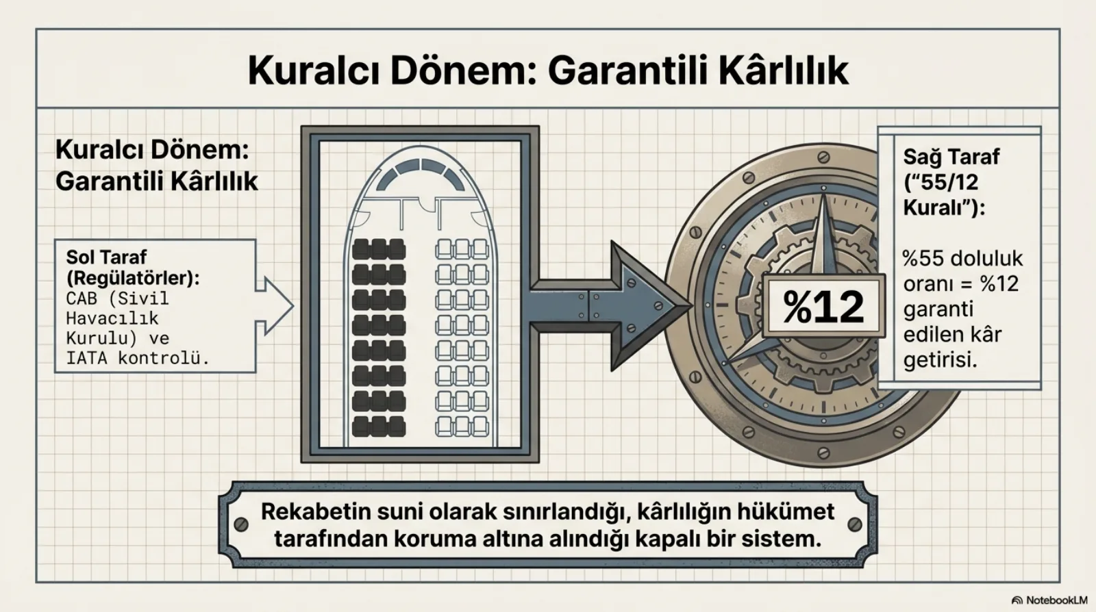 Solda regülatörler kutusu: CAB ve IATA kontrolü. Ortada koltuk planı, ok bir kasa kadranına gidiyor; kadranda %12. Sağda 55/12 kuralı: %55 doluluk oranı, %12 garanti edilen kâr getirisi. Altta: rekabetin suni olarak sınırlandığı, kârlılığın hükümet tarafından koruma altına alındığı kapalı bir sistem.