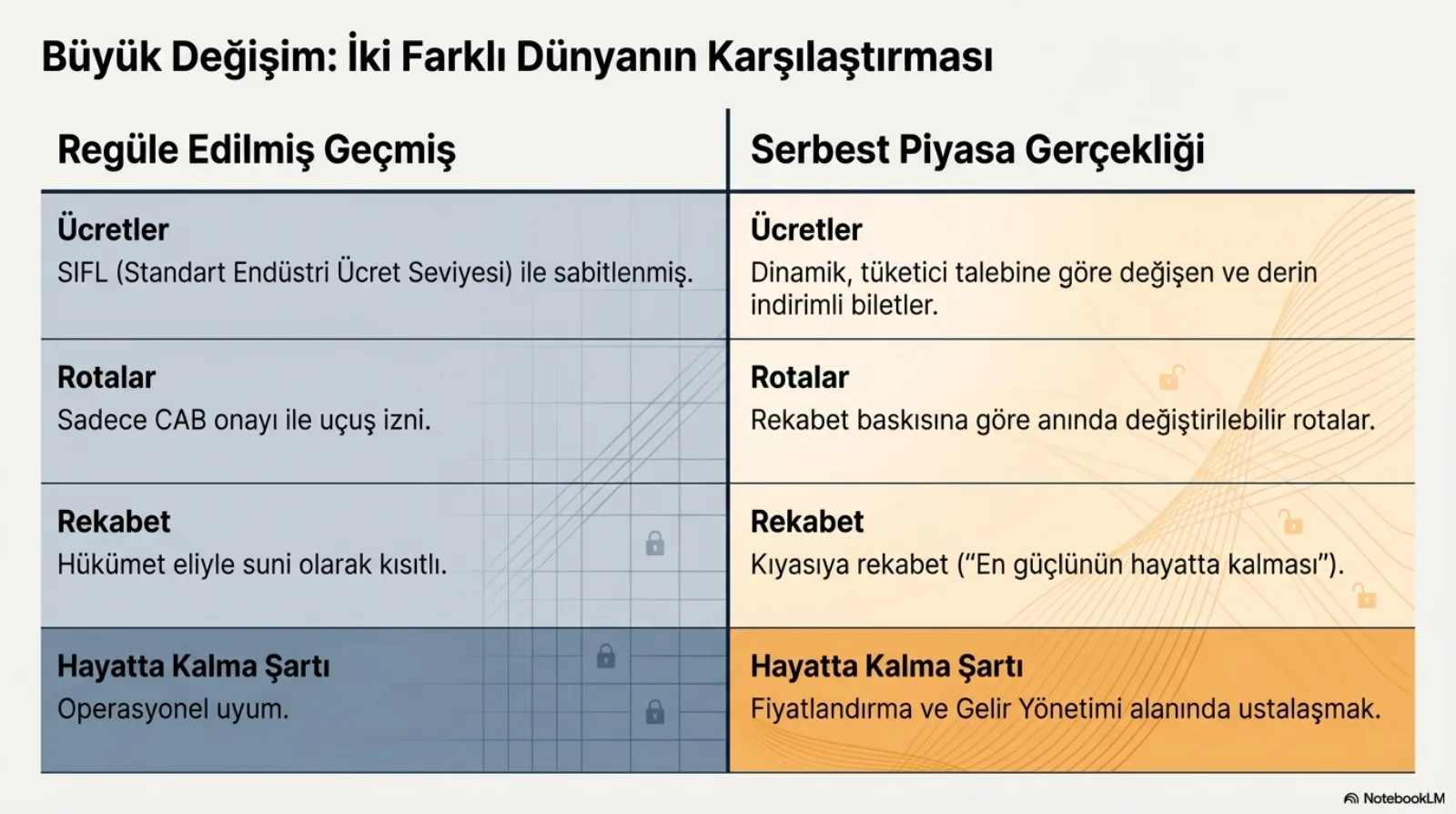 Karşılaştırma tablosu. Regüle edilmiş geçmiş: ücretler SIFL ile sabit; rotalar sadece CAB onayıyla; rekabet hükümet eliyle suni olarak kısıtlı; hayatta kalma şartı operasyonel uyum. Serbest piyasa gerçekliği: ücretler dinamik, tüketici talebine göre değişen ve derin indirimli; rotalar rekabet baskısına göre anında değiştirilebilir; kıyasıya rekabet, en güçlünün hayatta kalması; hayatta kalma şartı fiyatlandırma ve gelir yönetiminde ustalaşmak.
