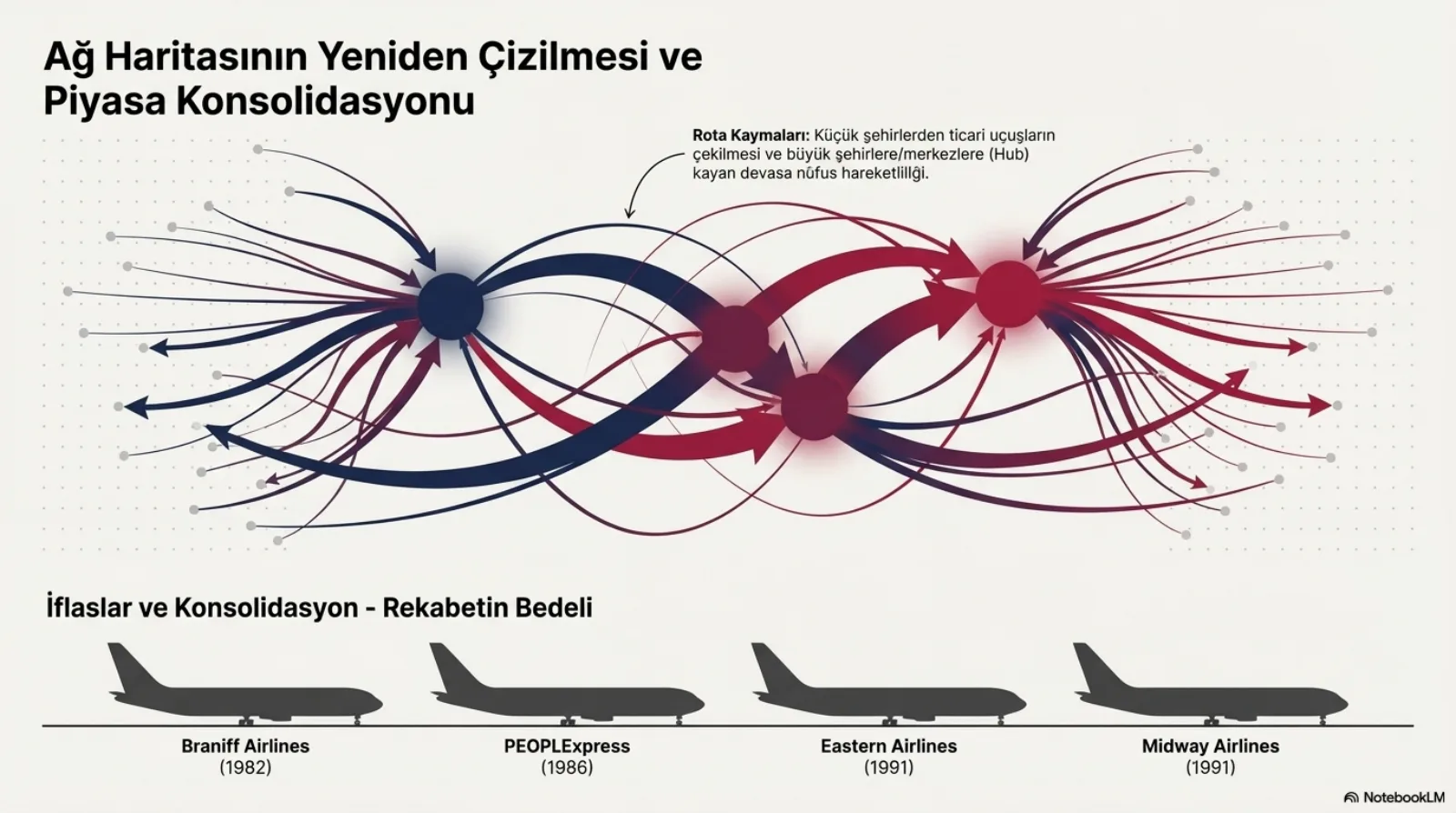Üstte ağ haritası: küçük şehirlerden çıkan ince çizgiler kalın kırmızı ve lacivert akışlarla üç büyük merkeze toplanıyor; not: küçük şehirlerden ticari uçuşların çekilmesi ve büyük merkezlere kayan nüfus hareketliliği. Altta iflaslar ve konsolidasyon, rekabetin bedeli: dört uçak silueti, Braniff Airlines 1982, PEOPLExpress 1986, Eastern Airlines 1991, Midway Airlines 1991.