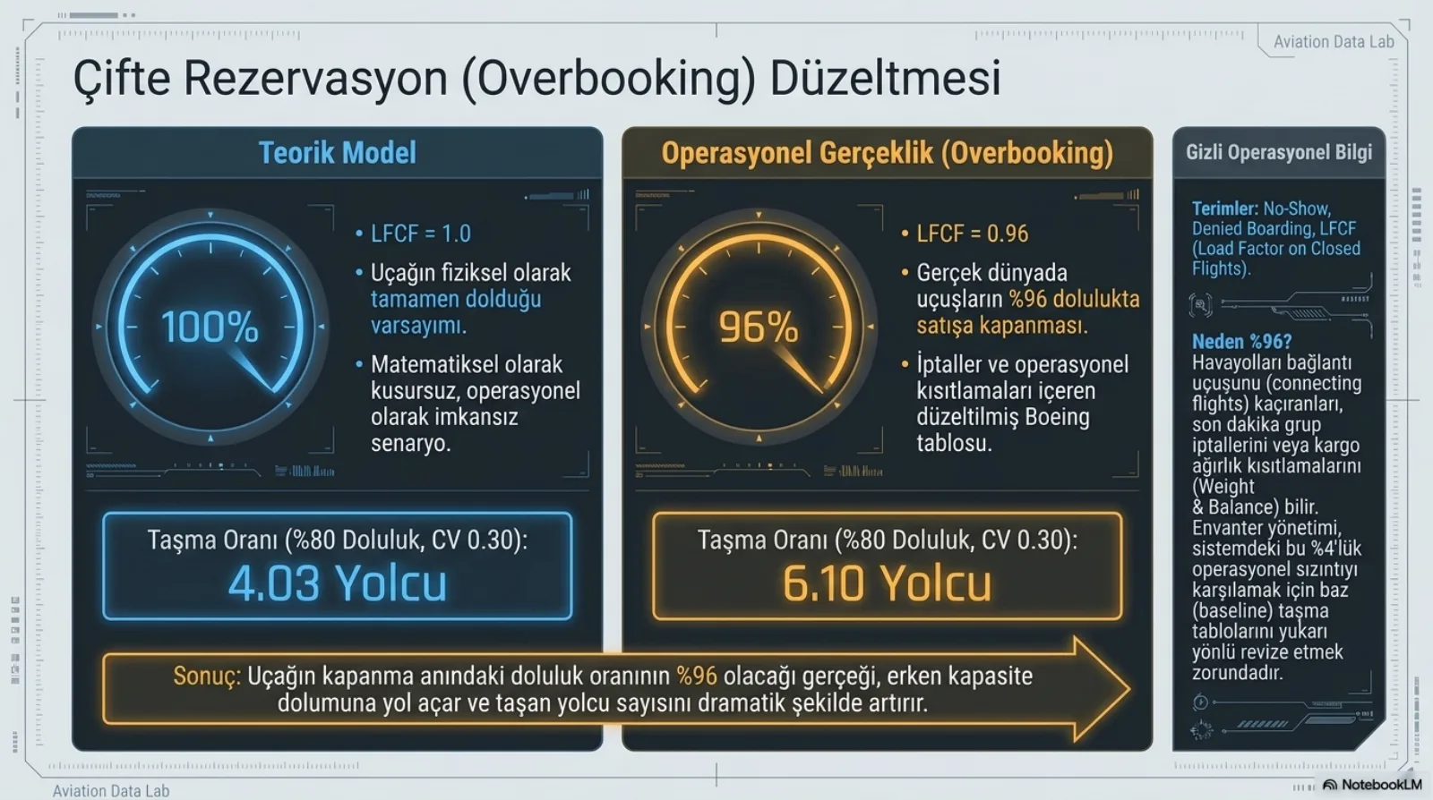 Başlık: Çifte Rezervasyon (Overbooking) Düzeltmesi. Sol panel, Teorik Model: mavi bir gösterge yüzde 100’ü gösteriyor; LFCF eşittir 1,0; uçağın fiziksel olarak tamamen dolduğu varsayımı; matematiksel olarak kusursuz, operasyonel olarak imkansız senaryo; altta taşma oranı (yüzde 80 doluluk, CV 0,30), 4,03 yolcu. Orta panel, Operasyonel Gerçeklik (Overbooking): turuncu bir gösterge yüzde 96’yı gösteriyor; LFCF eşittir 0,96; gerçek dünyada uçuşların yüzde 96 dolulukta satışa kapanması; iptaller ve operasyonel kısıtlamaları içeren düzeltilmiş Boeing tablosu; altta taşma oranı (yüzde 80 doluluk, CV 0,30), 6,10 yolcu. İki panelin altından geçen ok, sonuç: uçağın kapanma anındaki doluluk oranının yüzde 96 olacağı gerçeği erken kapasite dolumuna yol açar ve taşan yolcu sayısını dramatik şekilde artırır. Sağda Gizli Operasyonel Bilgi: terimler, no-show, denied boarding, LFCF (load factor on closed flights); neden yüzde 96, havayolları bağlantı uçuşunu kaçıranları, son dakika grup iptallerini veya kargo ağırlık kısıtlamalarını (weight and balance) bilir, envanter yönetimi sistemdeki bu yüzde 4’lük operasyonel sızıntıyı karşılamak için baz taşma tablolarını yukarı yönlü revize etmek zorundadır.