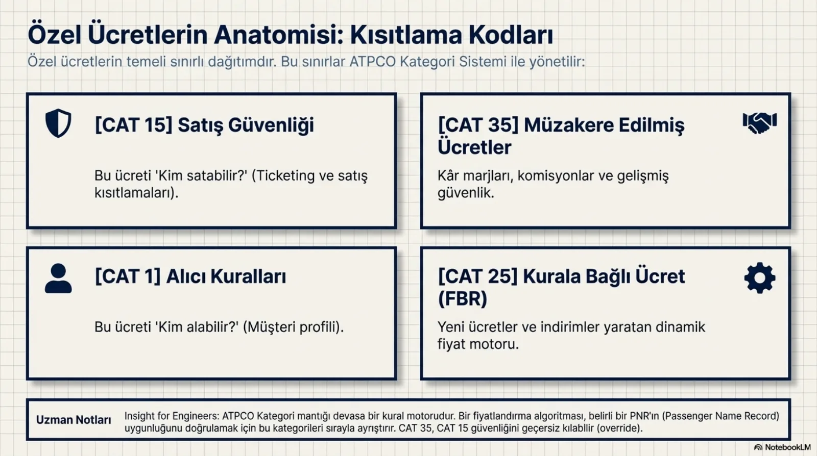 Başlık: Özel Ücretlerin Anatomisi, Kısıtlama Kodları. Alt başlık: özel ücretlerin temeli sınırlı dağıtımdır, bu sınırlar ATPCO kategori sistemi ile yönetilir. Dört kutu. Kalkan simgeli CAT 15 Satış Güvenliği: bu ücreti kim satabilir (ticketing ve satış kısıtlamaları). El sıkışma simgeli CAT 35 Müzakere Edilmiş Ücretler: kâr marjları, komisyonlar ve gelişmiş güvenlik. İnsan simgeli CAT 1 Alıcı Kuralları: bu ücreti kim alabilir (müşteri profili). Dişli simgeli CAT 25 Kurala Bağlı Ücret (FBR): yeni ücretler ve indirimler yaratan dinamik fiyat motoru. Altta mühendisler için uzman notu: ATPCO kategori mantığı devasa bir kural motorudur; bir fiyatlandırma algoritması belirli bir PNR’ın uygunluğunu doğrulamak için bu kategorileri sırayla ayrıştırır; CAT 35, CAT 15 güvenliğini geçersiz kılabilir (override).