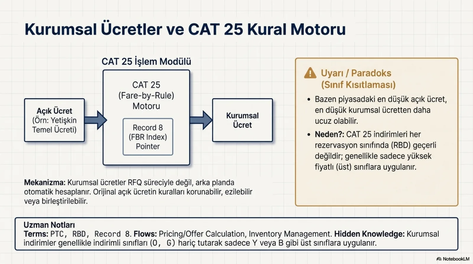 Başlık: Kurumsal Ücretler ve CAT 25 Kural Motoru. Solda Açık Ücret (örnek: Yetişkin Temel Ücreti) kutusu, okla CAT 25 İşlem Modülü’ne bağlanıyor; modülün içinde CAT 25 (Fare-by-Rule) Motoru ve onun içinde Record 8 (FBR Index) Pointer kutusu. Modülden çıkan ok Kurumsal Ücret kutusuna gidiyor. Altta mekanizma: kurumsal ücretler RFQ süreciyle değil arka planda otomatik hesaplanır; orijinal açık ücretin kuralları korunabilir, ezilebilir veya birleştirilebilir. Sağda turuncu uyarı kutusu, Paradoks (Sınıf Kısıtlaması): bazen piyasadaki en düşük açık ücret en düşük kurumsal ücretten daha ucuz olabilir; neden, CAT 25 indirimleri her rezervasyon sınıfında (RBD) geçerli değildir, genellikle sadece yüksek fiyatlı (üst) sınıflara uygulanır. Altta uzman notu: terimler PTC, RBD, Record 8; akışlar fiyat/teklif hesaplama, envanter yönetimi; kurumsal indirimler genellikle indirimli sınıfları (O, G) hariç tutarak sadece Y veya B gibi üst sınıflara uygulanır.