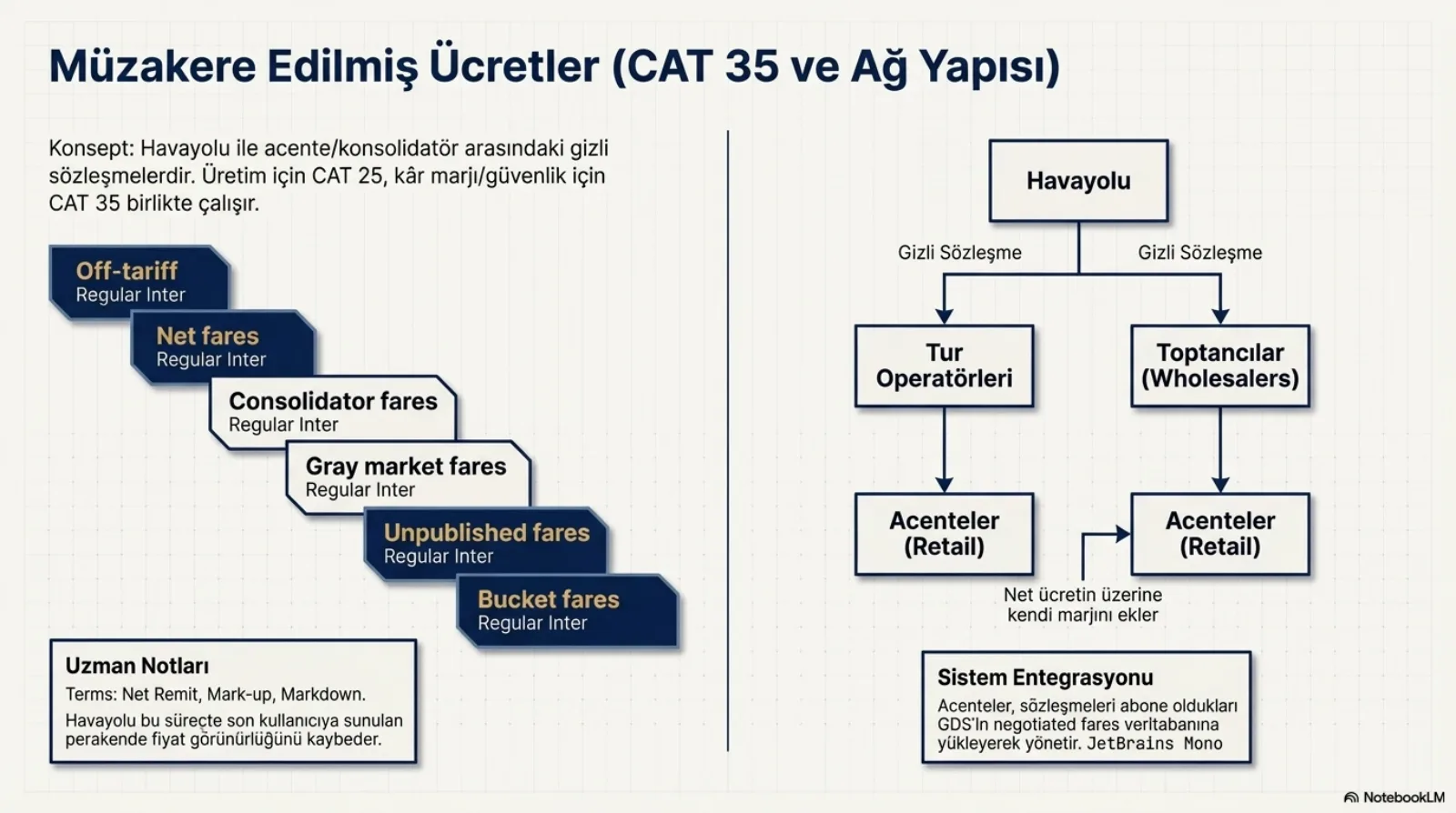 Başlık: Müzakere Edilmiş Ücretler (CAT 35 ve Ağ Yapısı). Solda konsept: havayolu ile acente/konsolidatör arasındaki gizli sözleşmelerdir; üretim için CAT 25, kâr marjı ve güvenlik için CAT 35 birlikte çalışır. Altında basamak gibi dizilmiş altı etiket: Off-tariff, Net fares, Consolidator fares, Gray market fares, Unpublished fares, Bucket fares. Sol altta uzman notu: terimler Net Remit, Mark-up, Markdown; havayolu bu süreçte son kullanıcıya sunulan perakende fiyat görünürlüğünü kaybeder. Sağda ağaç şeması: Havayolu, iki gizli sözleşme okuyla Tur Operatörleri ve Toptancılar (Wholesalers) kutularına bağlanıyor; her biri altındaki Acenteler (Retail) kutusuna iniyor; perakende acenteye giden okta not, net ücretin üzerine kendi marjını ekler. Sağ altta sistem entegrasyonu: acenteler sözleşmeleri abone oldukları GDS’in negotiated fares veritabanına yükleyerek yönetir.