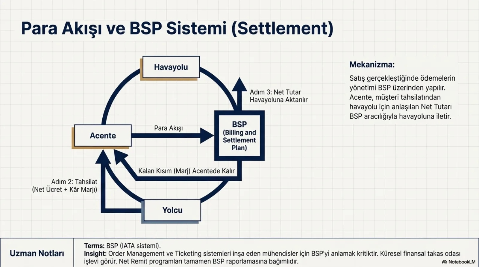 Başlık: Para Akışı ve BSP Sistemi (Settlement). Döngüsel şema: Yolcu, Acente, BSP (Billing and Settlement Plan) ve Havayolu. Yolcudan acenteye ok, Adım 2: Tahsilat (Net Ücret artı Kâr Marjı). Acenteden BSP’ye para akışı oku. BSP’den yukarı ok, Adım 3: Net Tutar Havayoluna Aktarılır. BSP’den acenteye geri dönen ok: kalan kısım (marj) acentede kalır. Sağda mekanizma: satış gerçekleştiğinde ödemelerin yönetimi BSP üzerinden yapılır; acente müşteri tahsilatından havayolu için anlaşılan net tutarı BSP aracılığıyla havayoluna iletir. Altta uzman notu: BSP bir IATA sistemidir; sipariş yönetimi ve biletleme sistemleri inşa eden mühendisler için BSP’yi anlamak kritiktir; küresel finansal takas odası işlevi görür; net remit programları tamamen BSP raporlamasına bağımlıdır.