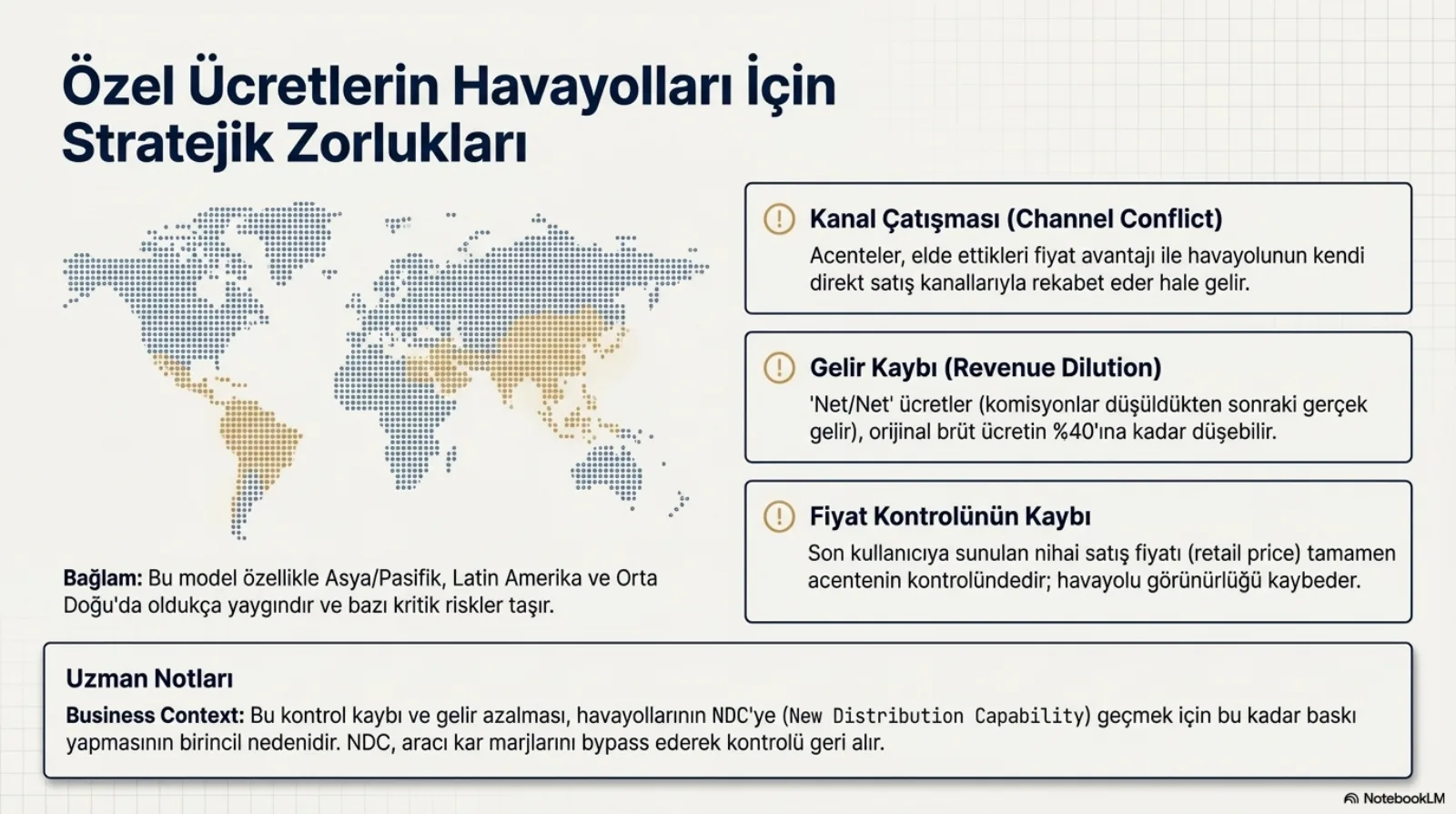 Başlık: Özel Ücretlerin Havayolları İçin Stratejik Zorlukları. Solda noktalı bir dünya haritası; Latin Amerika, Orta Doğu ve Asya-Pasifik turuncuyla vurgulu. Altında bağlam: bu model özellikle Asya/Pasifik, Latin Amerika ve Orta Doğu’da oldukça yaygındır ve bazı kritik riskler taşır. Sağda üç uyarı kutusu. Kanal Çatışması (Channel Conflict): acenteler elde ettikleri fiyat avantajı ile havayolunun kendi direkt satış kanallarıyla rekabet eder hale gelir. Gelir Kaybı (Revenue Dilution): net/net ücretler (komisyonlar düşüldükten sonraki gerçek gelir) orijinal brüt ücretin yüzde 40’ına kadar düşebilir. Fiyat Kontrolünün Kaybı: son kullanıcıya sunulan nihai satış fiyatı (retail price) tamamen acentenin kontrolündedir, havayolu görünürlüğü kaybeder. Altta uzman notu: bu kontrol kaybı ve gelir azalması havayollarının NDC’ye geçmek için bu kadar baskı yapmasının birincil nedenidir; NDC aracı kâr marjlarını bypass ederek kontrolü geri alır.
