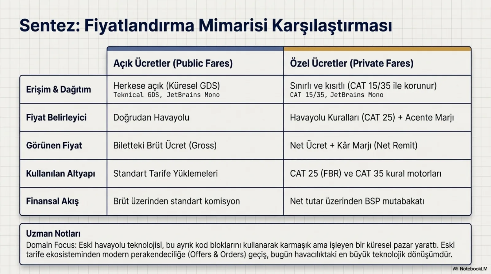 Başlık: Sentez, Fiyatlandırma Mimarisi Karşılaştırması. İki sütunlu tablo, mavi başlıklı Açık Ücretler (Public Fares) ve turuncu başlıklı Özel Ücretler (Private Fares). Erişim ve dağıtım: herkese açık (küresel GDS) ile sınırlı ve kısıtlı (CAT 15/35 ile korunur). Fiyat belirleyici: doğrudan havayolu ile havayolu kuralları (CAT 25) artı acente marjı. Görünen fiyat: biletteki brüt ücret (Gross) ile net ücret artı kâr marjı (Net Remit). Kullanılan altyapı: standart tarife yüklemeleri ile CAT 25 (FBR) ve CAT 35 kural motorları. Finansal akış: brüt üzerinden standart komisyon ile net tutar üzerinden BSP mutabakatı. Altta uzman notu: eski havayolu teknolojisi bu ayrık kod bloklarını kullanarak karmaşık ama işleyen bir küresel pazar yarattı; eski tarife ekosisteminden modern perakendeciliğe (Offers and Orders) geçiş bugün havacılıktaki en büyük teknolojik dönüşümdür.