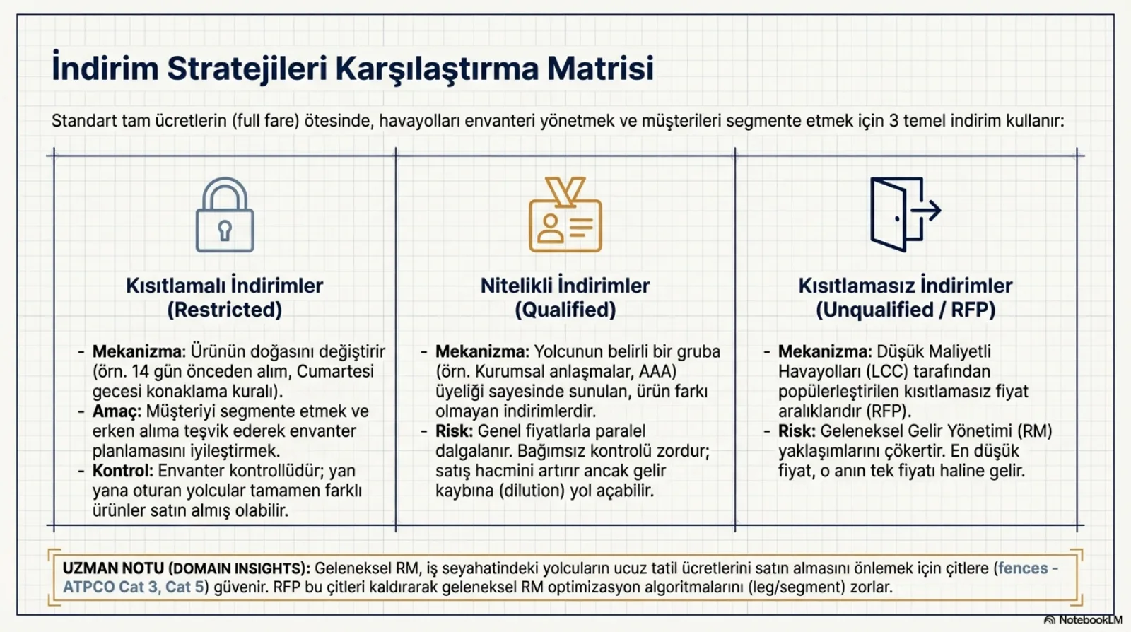 Başlık: İndirim Stratejileri Karşılaştırma Matrisi. Üstte açıklama: standart tam ücretlerin (full fare) ötesinde havayolları envanteri yönetmek ve müşterileri segmente etmek için üç temel indirim kullanır. Üç sütun. Kısıtlamalı İndirimler (Restricted), asma kilit ikonuyla: mekanizma, ürünün doğasını değiştirir (örneğin 14 gün önceden alım, cumartesi gecesi konaklama kuralı); amaç, müşteriyi segmente etmek ve erken alıma teşvik ederek envanter planlamasını iyileştirmek; kontrol, envanter kontrollüdür, yan yana oturan yolcular tamamen farklı ürünler satın almış olabilir. Nitelikli İndirimler (Qualified), yaka kartı ikonuyla: mekanizma, yolcunun belirli bir gruba (kurumsal anlaşmalar, AAA) üyeliği sayesinde sunulan, ürün farkı olmayan indirimler; risk, genel fiyatlarla paralel dalgalanır, bağımsız kontrolü zordur, satış hacmini artırır ancak gelir kaybına (dilution) yol açabilir. Kısıtlamasız İndirimler (Unqualified / RFP), açık kapı ikonuyla: mekanizma, düşük maliyetli havayolları (LCC) tarafından popülerleştirilen kısıtlamasız fiyat aralıkları (RFP); risk, geleneksel gelir yönetimi yaklaşımlarını çökertir, en düşük fiyat o anın tek fiyatı haline gelir. Altta uzman notu: geleneksel gelir yönetimi, iş seyahatindeki yolcuların ucuz tatil ücretlerini satın almasını önlemek için çitlere (ATPCO Cat 3, Cat 5) güvenir; RFP bu çitleri kaldırarak geleneksel bacak ve segment bazlı optimizasyon algoritmalarını zorlar.