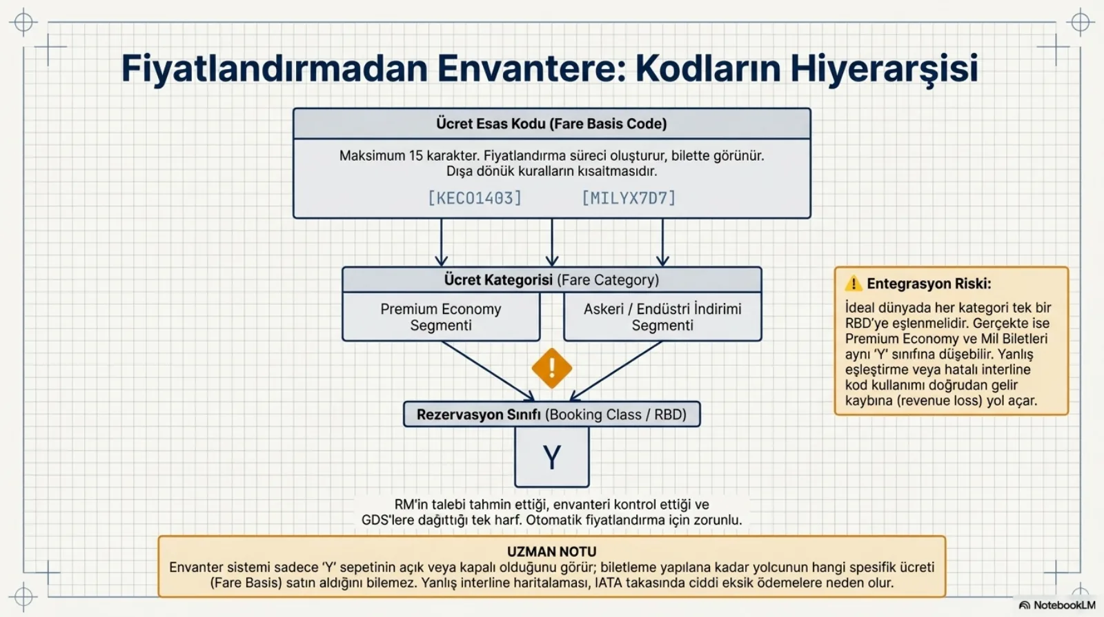 Başlık: Fiyatlandırmadan Envantere, Kodların Hiyerarşisi. Üstte kutu, Ücret Esas Kodu (Fare Basis Code): maksimum 15 karakter; fiyatlandırma süreci oluşturur, bilette görünür; dışa dönük kuralların kısaltmasıdır; örnek kodlar KEC01403 ve MILYX7D7. Üç ok aşağıdaki Ücret Kategorisi (Fare Category) kutusuna iniyor; iki segment: Premium Economy Segmenti ve Askeri / Endüstri İndirimi Segmenti. İki segmentten inen oklar turuncu bir ünlem işaretinin altında tek bir kutuda birleşiyor: Rezervasyon Sınıfı (Booking Class / RBD), içinde büyük Y harfi. Açıklama: RM’in talebi tahmin ettiği, envanteri kontrol ettiği ve GDS’lere dağıttığı tek harf; otomatik fiyatlandırma için zorunlu. Sağda sarı kutu, Entegrasyon Riski: ideal dünyada her kategori tek bir RBD’ye eşlenmelidir; gerçekte Premium Economy ve mil biletleri aynı Y sınıfına düşebilir; yanlış eşleştirme veya hatalı interline kod kullanımı doğrudan gelir kaybına yol açar. Altta uzman notu: envanter sistemi sadece Y sepetinin açık veya kapalı olduğunu görür; biletleme yapılana kadar yolcunun hangi spesifik ücreti (fare basis) satın aldığını bilemez; yanlış interline haritalaması IATA takasında ciddi eksik ödemelere neden olur.