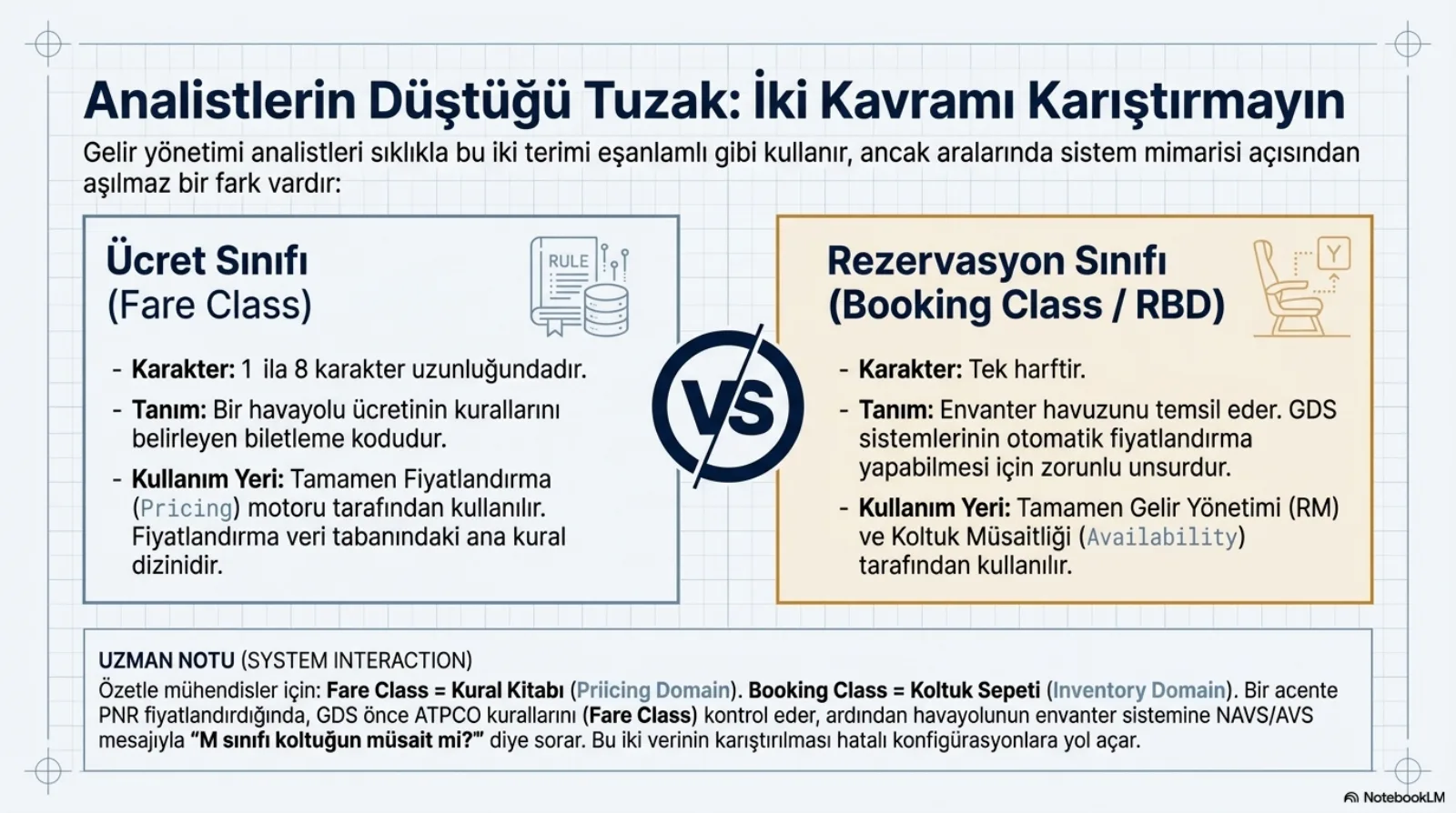 Başlık: Analistlerin Düştüğü Tuzak, İki Kavramı Karıştırmayın. Açıklama: gelir yönetimi analistleri sıklıkla bu iki terimi eşanlamlı gibi kullanır, ancak aralarında sistem mimarisi açısından aşılmaz bir fark vardır. Solda mavi çerçeveli kutu, Ücret Sınıfı (Fare Class), kural kitabı ve veritabanı ikonuyla: karakter, 1 ila 8 karakter uzunluğunda; tanım, bir havayolu ücretinin kurallarını belirleyen biletleme kodu; kullanım yeri, tamamen fiyatlandırma (Pricing) motoru tarafından kullanılır, fiyatlandırma veri tabanındaki ana kural dizinidir. Ortada VS işareti. Sağda sarı zeminli kutu, Rezervasyon Sınıfı (Booking Class / RBD), koltuk ikonuyla: karakter, tek harf; tanım, envanter havuzunu temsil eder, GDS sistemlerinin otomatik fiyatlandırma yapabilmesi için zorunlu unsurdur; kullanım yeri, tamamen gelir yönetimi (RM) ve koltuk müsaitliği (Availability) tarafından kullanılır. Altta uzman notu (System Interaction): mühendisler için Fare Class kural kitabıdır (Pricing Domain), Booking Class koltuk sepetidir (Inventory Domain); bir acente PNR fiyatlandırdığında GDS önce ATPCO kurallarını (Fare Class) kontrol eder, ardından havayolunun envanter sistemine NAVS/AVS mesajıyla M sınıfı koltuk müsait mi diye sorar; bu iki verinin karıştırılması hatalı konfigürasyonlara yol açar.