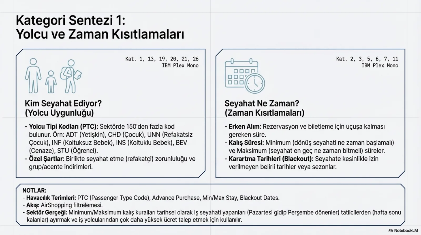 Başlık: Kategori Sentezi 1, Yolcu ve Zaman Kısıtlamaları. Sol panel, Kim Seyahat Ediyor? (Yolcu Uygunluğu), kategoriler 1, 13, 19, 20, 21, 26: yolcu tipi kodları (PTC), sektörde 150’den fazla kod bulunur, örneğin ADT yetişkin, CHD çocuk, UNN refakatsiz çocuk, INF koltuksuz bebek, INS koltuklu bebek, BEV cenaze, STU öğrenci; özel şartlar, birlikte seyahat etme (refakatçi) zorunluluğu ve grup/acente indirimleri. Sağ panel, Seyahat Ne Zaman? (Zaman Kısıtlamaları), kategoriler 2, 3, 5, 6, 7, 11: erken alım, rezervasyon ve biletleme için uçuşa kalması gereken süre; kalış süresi, minimum ve maksimum süreler; karartma tarihleri (blackout), seyahate kesinlikle izin verilmeyen tarihler veya sezonlar. Not kutusu: minimum/maksimum kalış kuralları tarihsel olarak iş seyahati yapanları (pazartesi gidip perşembe dönenler) tatilcilerden (hafta sonu kalanlar) ayırmak ve iş yolcularından çok daha yüksek ücret talep etmek için kullanılır.
