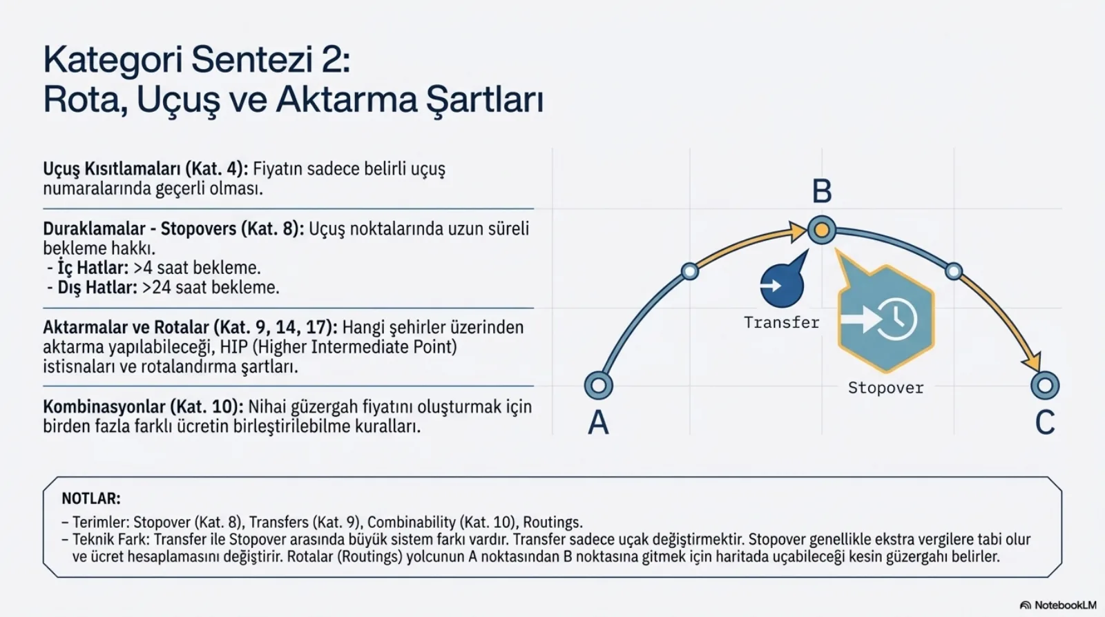 Başlık: Kategori Sentezi 2, Rota, Uçuş ve Aktarma Şartları. Sol liste: uçuş kısıtlamaları (Kat. 4), fiyatın sadece belirli uçuş numaralarında geçerli olması; duraklamalar, stopovers (Kat. 8), uçuş noktalarında uzun süreli bekleme hakkı, iç hatlarda 4 saatten fazla, dış hatlarda 24 saatten fazla bekleme; aktarmalar ve rotalar (Kat. 9, 14, 17), hangi şehirler üzerinden aktarma yapılabileceği, HIP (Higher Intermediate Point) istisnaları ve rotalandırma şartları; kombinasyonlar (Kat. 10), nihai güzergah fiyatını oluşturmak için birden fazla farklı ücretin birleştirilebilme kuralları. Sağda A noktasından B üzerinden C noktasına giden bir yay; B noktasında iki etiket: kısa ok simgesiyle Transfer ve saat simgeli altıgenle Stopover. Not kutusu: transfer ile stopover arasında büyük sistem farkı vardır, transfer sadece uçak değiştirmektir, stopover genellikle ekstra vergilere tabi olur ve ücret hesaplamasını değiştirir; rotalar yolcunun A noktasından B noktasına gitmek için haritada uçabileceği kesin güzergahı belirler.