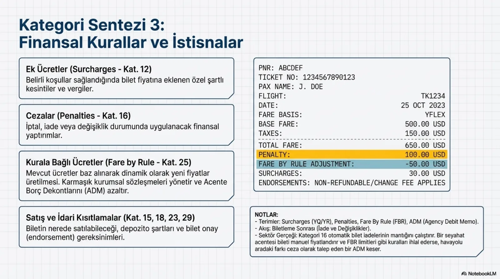 Başlık: Kategori Sentezi 3, Finansal Kurallar ve İstisnalar. Solda dört kutu: ek ücretler (surcharges, Kat. 12), belirli koşullar sağlandığında bilet fiyatına eklenen özel şartlı kesintiler ve vergiler; cezalar (penalties, Kat. 16), iptal, iade veya değişiklik durumunda uygulanacak finansal yaptırımlar; kurala bağlı ücretler (fare by rule, Kat. 25), mevcut ücretler baz alınarak dinamik olarak yeni fiyatlar üretilmesi, karmaşık kurumsal sözleşmeleri yönetir ve acente borç dekontlarını (ADM) azaltır; satış ve idari kısıtlamalar (Kat. 15, 18, 23, 29), biletin nerede satılabileceği, depozito şartları ve bilet onay (endorsement) gereksinimleri. Sağda örnek bir bilet dökümü: PNR ABCDEF, uçuş TK1234, tarih 25 OCT 2023, fare basis YFLEX, baz ücret 500 USD, vergiler 150 USD, toplam 650 USD; sarıyla vurgulu ceza satırı 100 USD, maviyle vurgulu fare by rule düzeltmesi eksi 50 USD, ek ücret 30 USD; endorsement satırı iadesiz ve değişiklik ücreti uygulanır diyor. Not kutusu: Kategori 16 otomatik bilet iadelerinin mantığını çalıştırır; bir seyahat acentesi bileti manuel fiyatlandırır ve FBR limitleri gibi kuralları ihlal ederse havayolu aradaki farkı ceza olarak talep eden bir ADM keser.