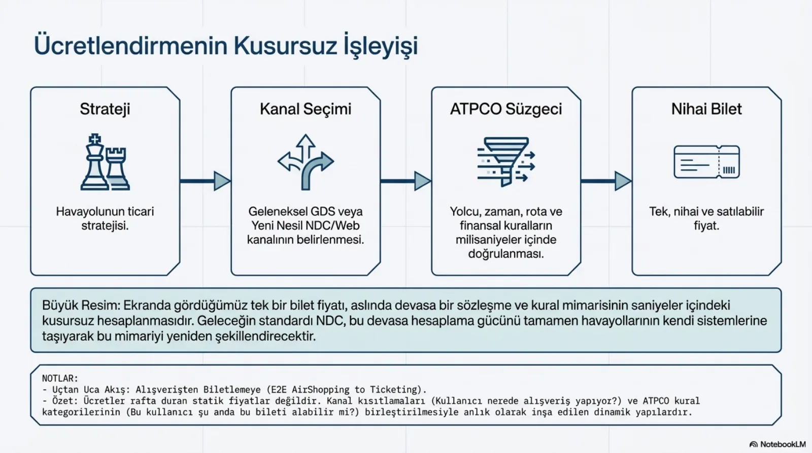 Başlık: Ücretlendirmenin Kusursuz İşleyişi. Soldan sağa oklarla bağlı dört kutu: Strateji (satranç taşları simgesi), havayolunun ticari stratejisi; Kanal Seçimi (ayrılan yol okları), geleneksel GDS veya yeni nesil NDC/Web kanalının belirlenmesi; ATPCO Süzgeci (huni simgesi), yolcu, zaman, rota ve finansal kuralların milisaniyeler içinde doğrulanması; Nihai Bilet, tek, nihai ve satılabilir fiyat. Altta büyük resim kutusu: ekranda gördüğümüz tek bir bilet fiyatı aslında devasa bir sözleşme ve kural mimarisinin saniyeler içindeki kusursuz hesaplanmasıdır; geleceğin standardı NDC bu devasa hesaplama gücünü tamamen havayollarının kendi sistemlerine taşıyarak bu mimariyi yeniden şekillendirecektir. Not kutusu: uçtan uca akış alışverişten biletlemeye (AirShopping to Ticketing).