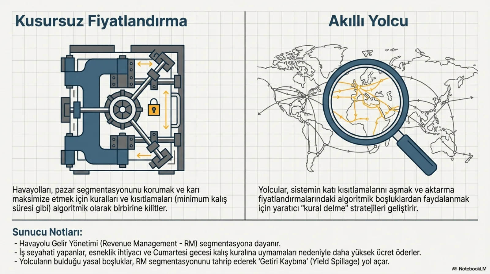İkiye bölünmüş slayt. Sol yarı, Kusursuz Fiyatlandırma: sürgüleri ve kilidiyle kapalı bir kasa kapısı; altında havayollarının pazar segmentasyonunu korumak ve kârı maksimize etmek için kuralları ve kısıtlamaları (minimum kalış süresi gibi) algoritmik olarak birbirine kilitlediği yazıyor. Sağ yarı, Akıllı Yolcu: bir dünya haritası üzerinde büyüteç, büyütecin içinde turuncu rotalar; altında yolcuların sistemin katı kısıtlamalarını aşmak ve aktarma fiyatlandırmalarındaki algoritmik boşluklardan faydalanmak için yaratıcı kural delme stratejileri geliştirdiği yazıyor. Sunucu notları: gelir yönetimi segmentasyona dayanır; iş seyahati yapanlar esneklik ihtiyacı ve Cumartesi gecesi kalış kuralına uymamaları nedeniyle daha yüksek ücret öder; yolcuların bulduğu yasal boşluklar segmentasyonu tahrip ederek getiri kaybına (Yield Spillage) yol açar.