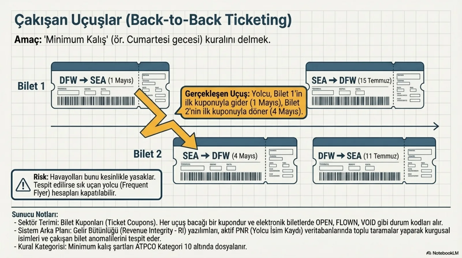 Başlık: Çakışan Uçuşlar (Back-to-Back Ticketing). Amaç: minimum kalış (örneğin Cumartesi gecesi) kuralını delmek. Üst sırada Bilet 1: DFW-SEA 1 Mayıs ve SEA-DFW 15 Temmuz kuponları. Alt sırada Bilet 2: SEA-DFW 4 Mayıs ve DFW-SEA 11 Temmuz kuponları. Zikzak turuncu bir ok Bilet 1’in ilk kuponundan Bilet 2’nin ilk kuponuna iniyor; balon: gerçekleşen uçuş, yolcu Bilet 1’in ilk kuponuyla 1 Mayıs’ta gider, Bilet 2’nin ilk kuponuyla 4 Mayıs’ta döner. Uyarı kutusu, Risk: havayolları bunu kesinlikle yasaklar, tespit edilirse sık uçan yolcu hesapları kapatılabilir. Sunucu notları: her uçuş bacağı bir bilet kuponudur ve elektronik bilette OPEN, FLOWN, VOID gibi durum kodları alır; gelir bütünlüğü (Revenue Integrity) yazılımları aktif PNR veritabanlarında toplu taramalarla kurgusal isimleri ve çakışan bilet anomalilerini tespit eder; minimum kalış şartları ATPCO Kategori 10 altında dosyalanır.