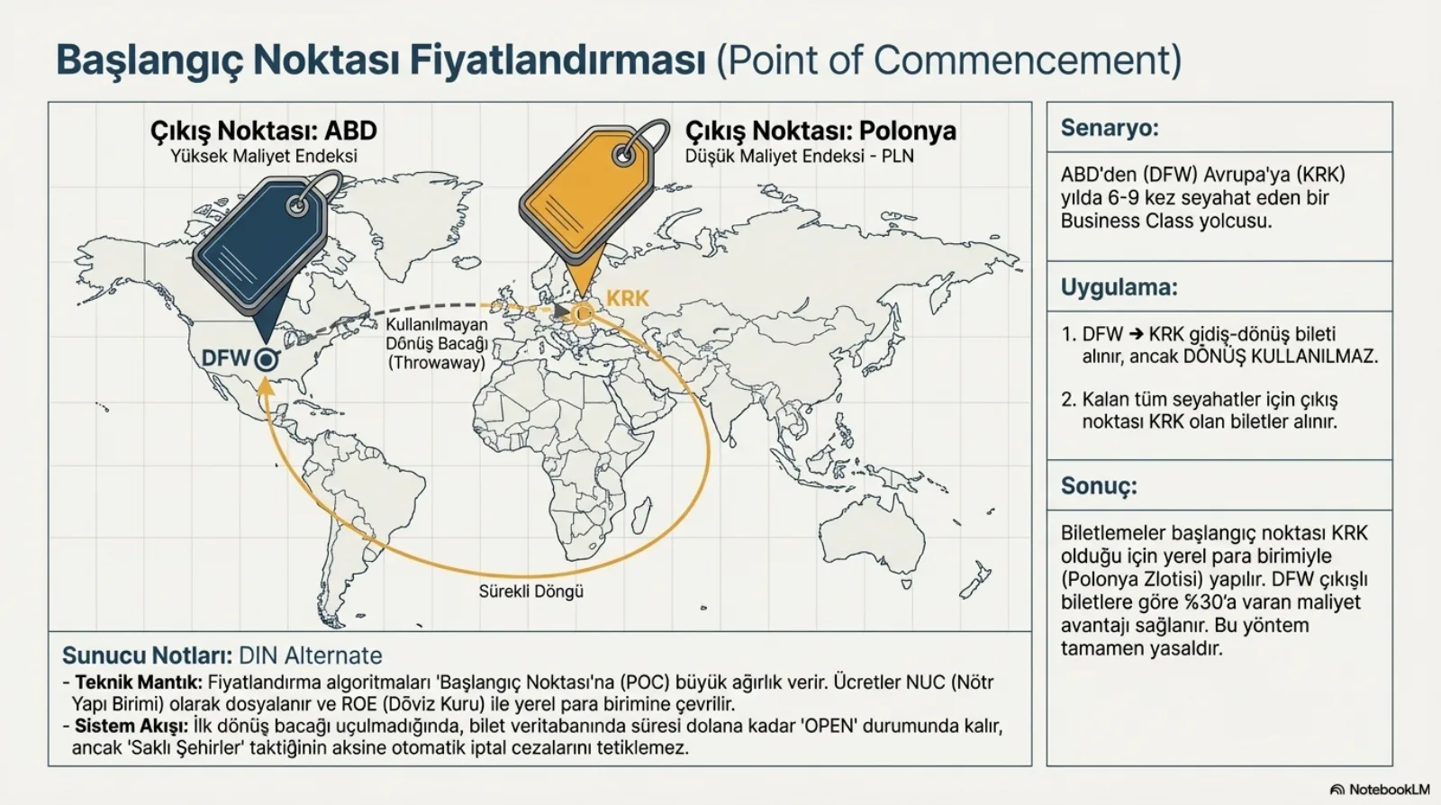 Başlık: Başlangıç Noktası Fiyatlandırması (Point of Commencement). Dünya haritasında iki fiyat etiketi: lacivert etiket DFW üzerinde, Çıkış Noktası ABD, yüksek maliyet endeksi; turuncu etiket KRK üzerinde, Çıkış Noktası Polonya, düşük maliyet endeksi, PLN. DFW’den KRK’ye kesikli bir hat, kullanılmayan dönüş bacağı (throwaway) etiketiyle; KRK’den Afrika üzerinden DFW’ye dönüp tekrar KRK’ye giden turuncu bir halka, sürekli döngü etiketiyle. Sağ sütun. Senaryo: ABD’den (DFW) Avrupa’ya (KRK) yılda 6-9 kez seyahat eden bir business class yolcusu. Uygulama: DFW-KRK gidiş-dönüş bileti alınır ama dönüş kullanılmaz; kalan tüm seyahatler için çıkış noktası KRK olan biletler alınır. Sonuç: biletlemeler başlangıç noktası KRK olduğu için Polonya zlotisiyle yapılır, DFW çıkışlılara göre yüzde 30’a varan maliyet avantajı sağlanır, yöntem tamamen yasaldır. Sunucu notları (DIN Alternate): fiyatlandırma algoritmaları başlangıç noktasına (POC) büyük ağırlık verir; ücretler NUC (Nötr Yapı Birimi) olarak dosyalanır ve ROE (döviz kuru) ile yerel para birimine çevrilir; ilk dönüş bacağı uçulmadığında bilet veritabanında süresi dolana kadar OPEN durumunda kalır, ancak saklı şehir taktiğinin aksine otomatik iptal cezalarını tetiklemez.