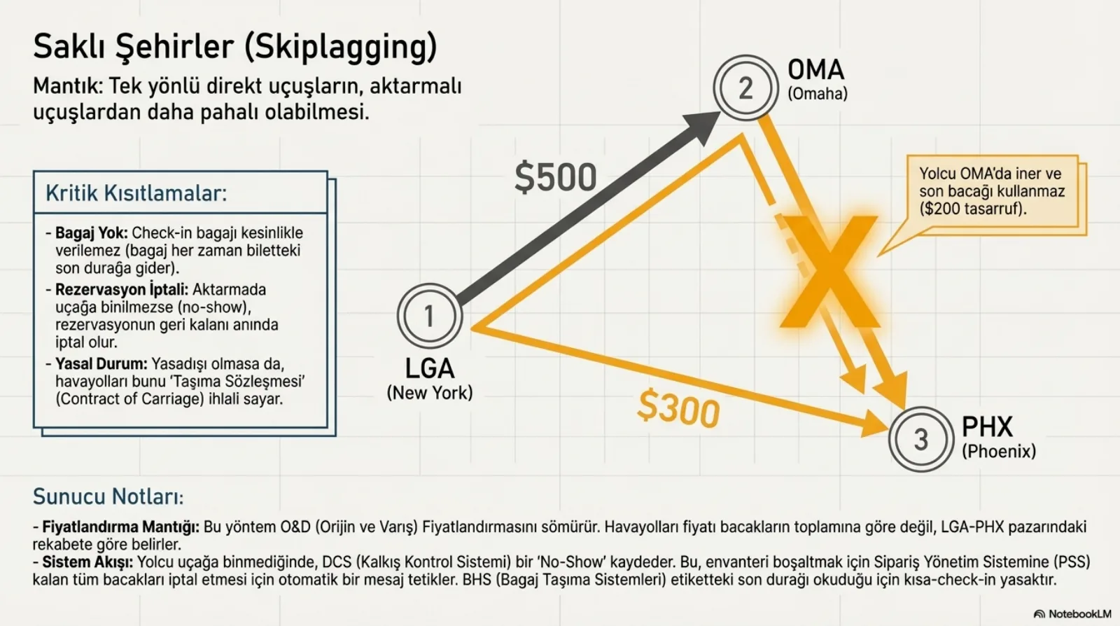 Başlık: Saklı Şehirler (Skiplagging). Mantık: tek yönlü direkt uçuşların aktarmalı uçuşlardan daha pahalı olabilmesi. Üç havalimanı: 1 LGA (New York), 2 OMA (Omaha), 3 PHX (Phoenix). LGA’dan OMA’ya koyu gri ok, üzerinde 500 dolar. LGA’dan PHX’e turuncu ok, üzerinde 300 dolar; turuncu hat OMA üzerinden geçiyor ve OMA-PHX bacağının üzerinde büyük bir turuncu X var. Balon: yolcu OMA’da iner ve son bacağı kullanmaz (200 dolar tasarruf). Sol kutu, kritik kısıtlamalar: bagaj yok, check-in bagajı kesinlikle verilemez çünkü bagaj her zaman biletteki son durağa gider; rezervasyon iptali, aktarmada uçağa binilmezse (no-show) rezervasyonun geri kalanı anında iptal olur; yasal durum, yasadışı olmasa da havayolları bunu taşıma sözleşmesi (Contract of Carriage) ihlali sayar. Sunucu notları: yöntem O&D fiyatlandırmasını sömürür, fiyat bacakların toplamına göre değil LGA-PHX pazarındaki rekabete göre belirlenir; yolcu uçağa binmediğinde DCS (Kalkış Kontrol Sistemi) no-show kaydeder, bu da envanteri boşaltmak için PSS’e kalan bacakları iptal etmesi için otomatik mesaj tetikler; BHS (Bagaj Taşıma Sistemleri) etiketteki son durağı okuduğu için kısa check-in yasaktır.