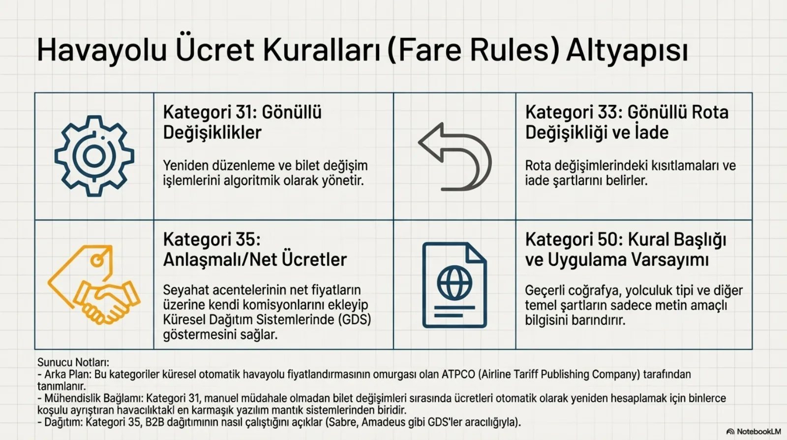 Başlık: Havayolu Ücret Kuralları (Fare Rules) Altyapısı. Dört hücreli tablo, her birinde bir simge. Kategori 31, Gönüllü Değişiklikler (dişli simgesi): yeniden düzenleme ve bilet değişim işlemlerini algoritmik olarak yönetir. Kategori 33, Gönüllü Rota Değişikliği ve İade (geri dönüş oku): rota değişimlerindeki kısıtlamaları ve iade şartlarını belirler. Kategori 35, Anlaşmalı/Net Ücretler (fiyat etiketi ve el sıkışma): seyahat acentelerinin net fiyatların üzerine kendi komisyonlarını ekleyip GDS’lerde göstermesini sağlar. Kategori 50, Kural Başlığı ve Uygulama Varsayımı (küreli belge): geçerli coğrafya, yolculuk tipi ve diğer temel şartların sadece metin amaçlı bilgisini barındırır. Sunucu notları: bu kategoriler küresel otomatik havayolu fiyatlandırmasının omurgası olan ATPCO (Airline Tariff Publishing Company) tarafından tanımlanır; Kategori 31, manuel müdahale olmadan bilet değişimlerinde ücreti otomatik yeniden hesaplamak için binlerce koşulu ayrıştıran, havacılıktaki en karmaşık yazılım mantık sistemlerinden biridir; Kategori 35, Sabre ve Amadeus gibi GDS’ler aracılığıyla B2B dağıtımın nasıl çalıştığını açıklar.