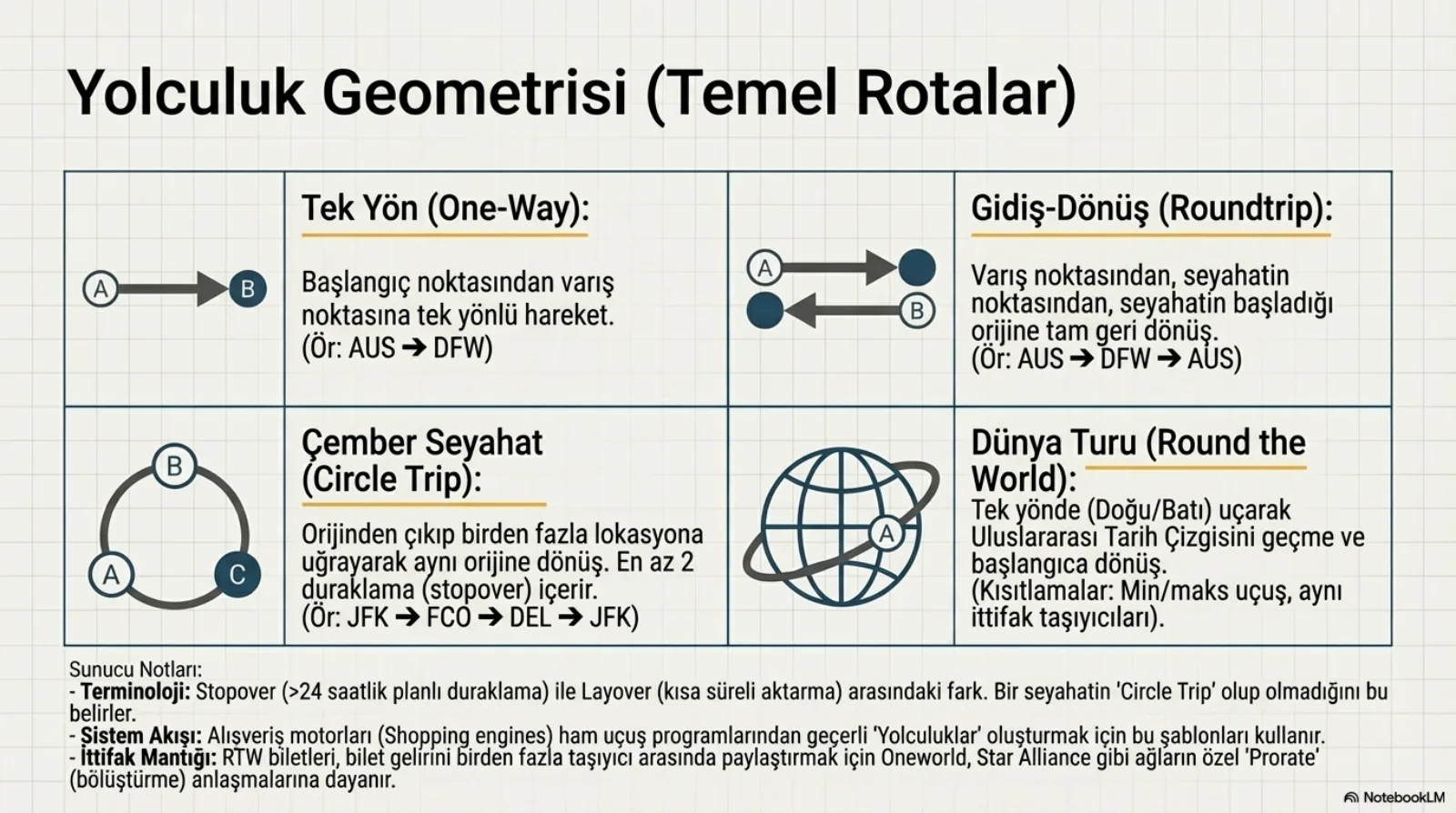 Başlık: Yolculuk Geometrisi (Temel Rotalar). Dört hücreli tablo, her birinde basit bir diyagram. Tek Yön (One-Way): A’dan B’ye tek ok; başlangıç noktasından varış noktasına tek yönlü hareket (örneğin AUS-DFW). Gidiş-Dönüş (Roundtrip): A ile B arasında zıt yönlü iki ok; seyahatin başladığı orijine tam geri dönüş (örneğin AUS-DFW-AUS). Çember Seyahat (Circle Trip): A, B ve C’yi birleştiren bir halka; orijinden çıkıp birden fazla lokasyona uğrayarak aynı orijine dönüş, en az 2 duraklama (stopover) içerir (örneğin JFK-FCO-DEL-JFK). Dünya Turu (Round the World): etrafında yörünge halkası olan bir küre; tek yönde (doğu ya da batı) uçarak Uluslararası Tarih Çizgisini geçme ve başlangıca dönüş, kısıtlamalar min/maks uçuş ve aynı ittifak taşıyıcıları. Sunucu notları: stopover (24 saatten uzun planlı duraklama) ile layover (kısa süreli aktarma) arasındaki fark bir seyahatin circle trip olup olmadığını belirler; alışveriş motorları ham uçuş programlarından geçerli yolculuklar oluşturmak için bu şablonları kullanır; RTW biletleri, bilet gelirini birden fazla taşıyıcı arasında paylaştırmak için Oneworld, Star Alliance gibi ağların özel prorate (bölüştürme) anlaşmalarına dayanır.