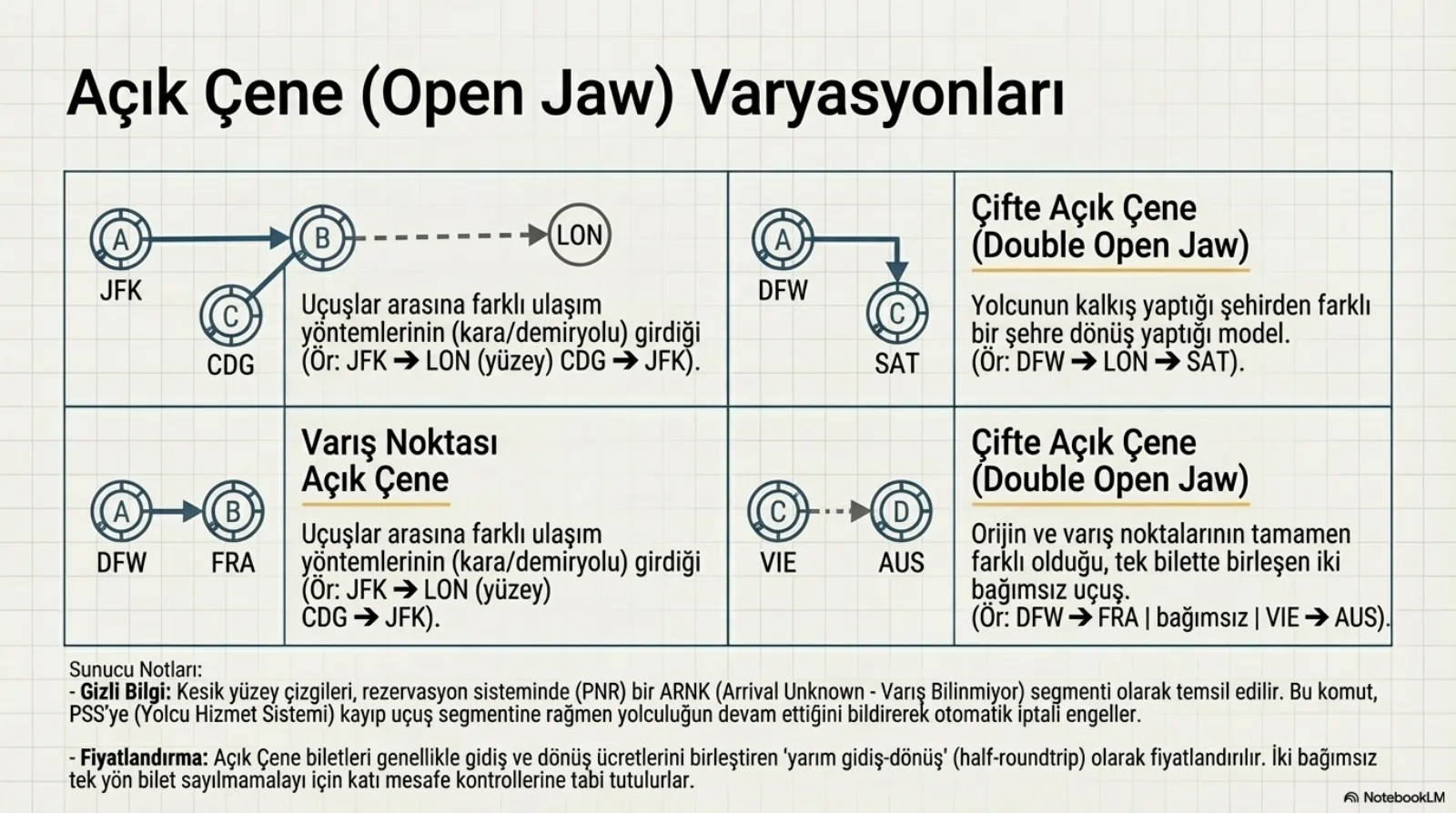 Başlık: Açık Çene (Open Jaw) Varyasyonları. Dört hücre. Sol üst: JFK’den B’ye ok, B’den LON’a kesikli çizgi, CDG’den B’ye çizgi; uçuşlar arasına farklı ulaşım yöntemlerinin (kara ya da demiryolu) girdiği yolculuk (örneğin JFK-LON, yüzey, CDG-JFK). Sağ üst, Çifte Açık Çene (Double Open Jaw): DFW’den aşağı SAT’a kırılan ok; yolcunun kalkış yaptığı şehirden farklı bir şehre dönüş yaptığı model (örneğin DFW-LON-SAT). Sol alt, Varış Noktası Açık Çene: DFW’den FRA’ya ok; açıklama metni sol üst hücredekiyle aynı tekrar ediyor (JFK-LON yüzey CDG-JFK örneği). Sağ alt, yine Çifte Açık Çene (Double Open Jaw): VIE’den AUS’a kesikli ok; orijin ve varış noktalarının tamamen farklı olduğu, tek bilette birleşen iki bağımsız uçuş (örneğin DFW-FRA, bağımsız, VIE-AUS). Sunucu notları: kesik yüzey çizgileri rezervasyon sisteminde (PNR) bir ARNK (Arrival Unknown, varış bilinmiyor) segmenti olarak temsil edilir, bu da PSS’e kayıp uçuş segmentine rağmen yolculuğun devam ettiğini bildirerek otomatik iptali engeller; açık çene biletleri genellikle gidiş ve dönüş ücretlerini birleştiren yarım gidiş-dönüş (half-roundtrip) olarak fiyatlandırılır ve iki bağımsız tek yön sayılmamaları için katı mesafe kontrollerine tabi tutulur.