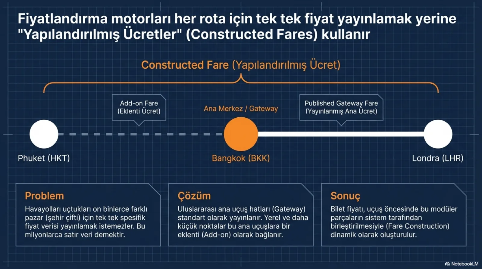 Başlık: Fiyatlandırma motorları her rota için tek tek fiyat yayınlamak yerine Yapılandırılmış Ücretler (Constructed Fares) kullanır. Ortada yatay bir hat üzerinde üç nokta: solda Phuket (HKT), ortada turuncu renkle Ana Merkez / Gateway olarak işaretli Bangkok (BKK), sağda Londra (LHR). Phuket-Bangkok arası kesikli çizgi, üzerinde Add-on Fare (Eklenti Ücret) etiketi. Bangkok-Londra arası düz çizgi, üzerinde Published Gateway Fare (Yayınlanmış Ana Ücret) etiketi. Üstte tüm hattı kapsayan turuncu parantez: Constructed Fare (Yapılandırılmış Ücret). Altta üç kutu. Problem: havayolları uçtukları on binlerce farklı pazar (şehir çifti) için tek tek spesifik fiyat verisi yayınlamak istemezler, bu milyonlarca satır veri demektir. Çözüm: uluslararası ana uçuş hatları (Gateway) standart olarak yayınlanır, yerel ve daha küçük noktalar bu ana uçuşlara bir eklenti (Add-on) olarak bağlanır. Sonuç: bilet fiyatı, uçuş öncesinde bu modüler parçaların sistem tarafından birleştirilmesiyle (Fare Construction) dinamik olarak oluşturulur.