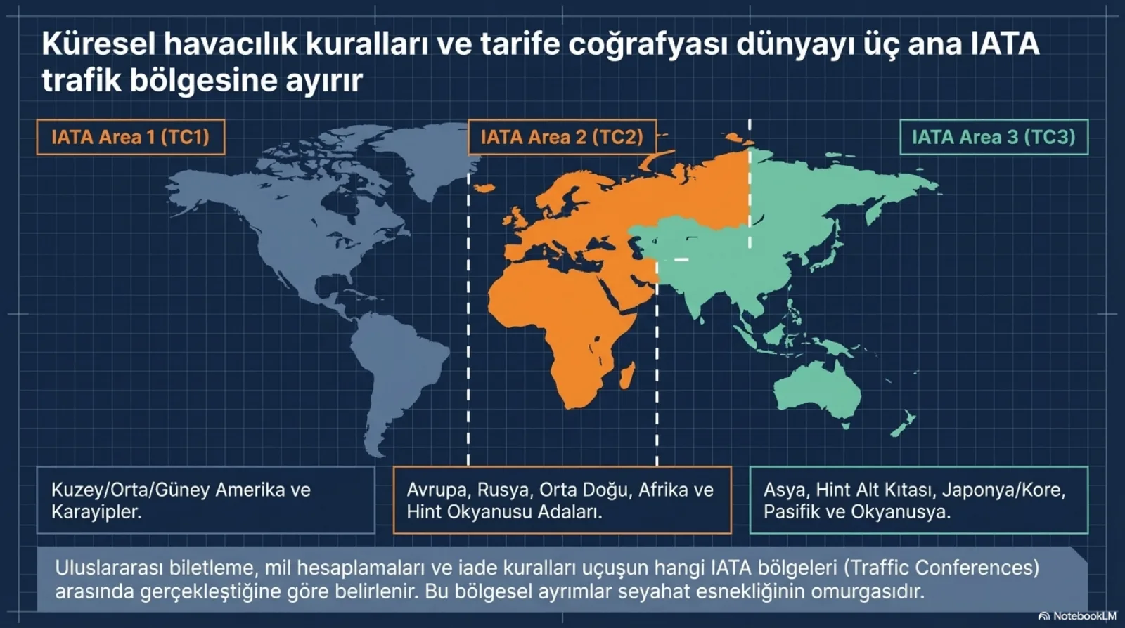 Başlık: Küresel havacılık kuralları ve tarife coğrafyası dünyayı üç ana IATA trafik bölgesine ayırır. Dünya haritası üç renge bölünmüş. Mavi-gri IATA Area 1 (TC1): Kuzey, Orta, Güney Amerika ve Karayipler. Turuncu IATA Area 2 (TC2): Avrupa, Rusya, Orta Doğu, Afrika ve Hint Okyanusu Adaları. Yeşil IATA Area 3 (TC3): Asya, Hint Alt Kıtası, Japonya ve Kore, Pasifik ve Okyanusya. Bölgeler arası sınırlar kesikli beyaz çizgilerle gösterilmiş. Altta not: uluslararası biletleme, mil hesaplamaları ve iade kuralları uçuşun hangi IATA bölgeleri (Traffic Conferences) arasında gerçekleştiğine göre belirlenir, bu bölgesel ayrımlar seyahat esnekliğinin omurgasıdır.
