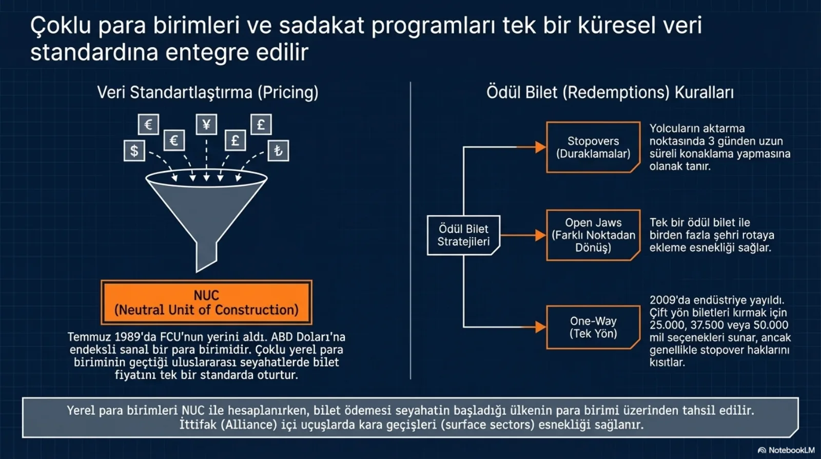 Başlık: Çoklu para birimleri ve sadakat programları tek bir küresel veri standardına entegre edilir. Sol yarı, Veri Standartlaştırma (Pricing): dolar, euro, yen, sterlin ve Türk lirası simgeleri bir huniye akıyor, huninin altında turuncu kutu NUC (Neutral Unit of Construction). Altında not: Temmuz 1989’da FCU’nun yerini aldı, ABD Doları’na endeksli sanal bir para birimidir, çoklu yerel para biriminin geçtiği uluslararası seyahatlerde bilet fiyatını tek bir standarda oturtur. Sağ yarı, Ödül Bilet (Redemptions) Kuralları: Ödül Bilet Stratejileri kutusundan üç dal. Stopovers (Duraklamalar): yolcuların aktarma noktasında 3 günden uzun süreli konaklama yapmasına olanak tanır. Open Jaws (Farklı Noktadan Dönüş): tek bir ödül bilet ile birden fazla şehri rotaya ekleme esnekliği sağlar. One-Way (Tek Yön): 2009’da endüstriye yayıldı, çift yön biletleri kırmak için 25.000, 37.500 veya 50.000 mil seçenekleri sunar, ancak genellikle stopover haklarını kısıtlar. Alt bant: yerel para birimleri NUC ile hesaplanırken, bilet ödemesi seyahatin başladığı ülkenin para birimi üzerinden tahsil edilir; ittifak (Alliance) içi uçuşlarda kara geçişleri (surface sectors) esnekliği sağlanır.