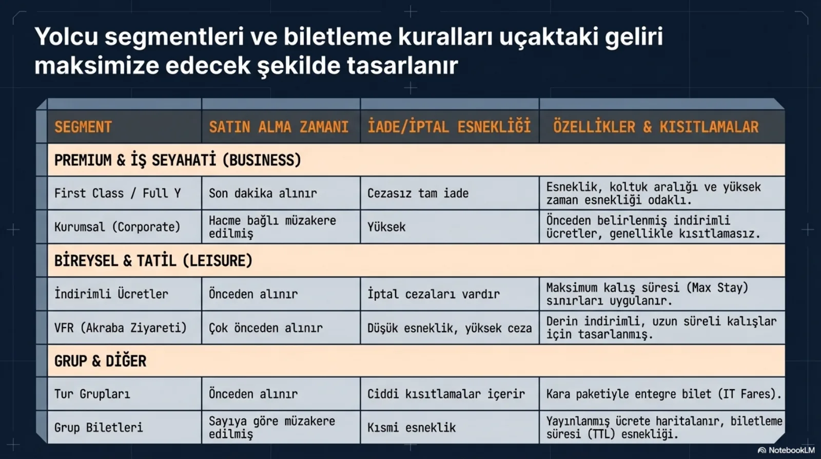 Başlık: Yolcu segmentleri ve biletleme kuralları uçaktaki geliri maksimize edecek şekilde tasarlanır. Dört sütunlu tablo: segment, satın alma zamanı, iade/iptal esnekliği, özellikler ve kısıtlamalar. Premium ve iş seyahati (Business) grubu: First Class / Full Y, son dakika alınır, cezasız tam iade, esneklik, koltuk aralığı ve yüksek zaman esnekliği odaklı. Kurumsal (Corporate), hacme bağlı müzakere edilmiş, yüksek, önceden belirlenmiş indirimli ücretler, genellikle kısıtlamasız. Bireysel ve tatil (Leisure) grubu: İndirimli Ücretler, önceden alınır, iptal cezaları vardır, maksimum kalış süresi (Max Stay) sınırları uygulanır. VFR (Akraba Ziyareti), çok önceden alınır, düşük esneklik ve yüksek ceza, derin indirimli ve uzun süreli kalışlar için tasarlanmış. Grup ve diğer: Tur Grupları, önceden alınır, ciddi kısıtlamalar içerir, kara paketiyle entegre bilet (IT Fares). Grup Biletleri, sayıya göre müzakere edilmiş, kısmi esneklik, yayınlanmış ücrete haritalanır, biletleme süresi (TTL) esnekliği.