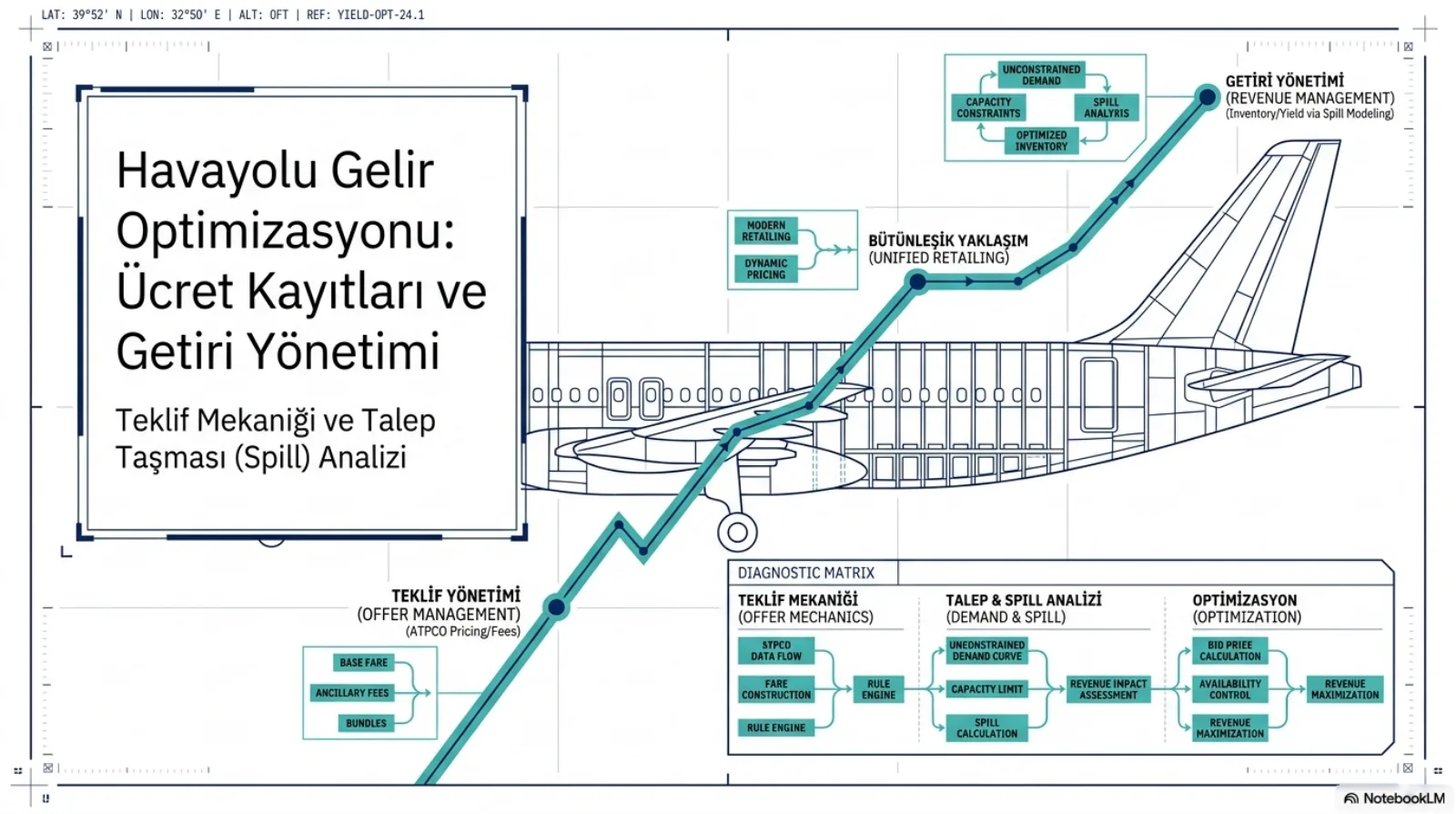 Sunumun kapak slaytı, teknik çizim üslubunda. Solda başlık: Havayolu Gelir Optimizasyonu, Ücret Kayıtları ve Getiri Yönetimi. Alt başlık: Teklif Mekaniği ve Talep Taşması (Spill) Analizi. Sağda yandan çizilmiş bir yolcu uçağının üzerinden yükselen turkuaz bir çizgi üç durağa uğruyor: Teklif Yönetimi (ATPCO fiyat ve ücretleri; base fare, ancillary fees, bundles), Bütünleşik Yaklaşım (modern retailing ve dynamic pricing) ve Getiri Yönetimi (kısıtlanmamış talep, kapasite kısıtları, spill analizi, optimize envanter döngüsü). Altta bir teşhis matrisi üç sütun gösteriyor: teklif mekaniği (ATPCO verisi, ücret kurulumu, kural motoru), talep ve spill analizi (kısıtlanmamış talep eğrisi, kapasite sınırı, spill hesabı, gelir etkisi) ve optimizasyon (bid price hesabı, erişilebilirlik kontrolü, gelir maksimizasyonu).