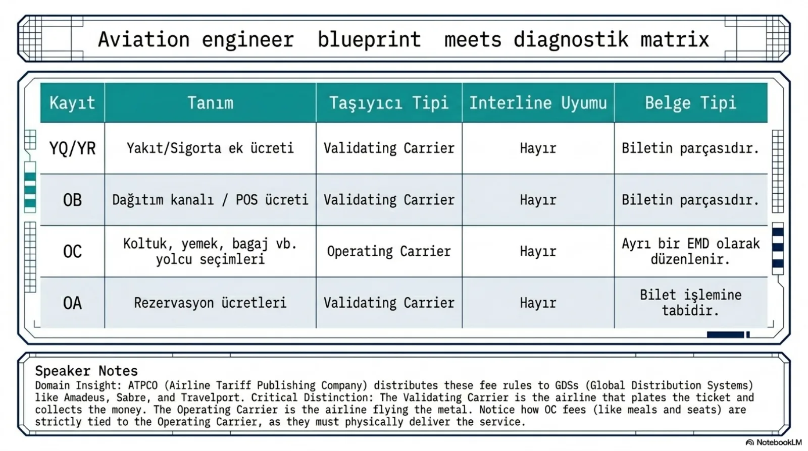 Başlık: Aviation engineer blueprint meets diagnostik matrix. Beş sütunlu tablo: kayıt, tanım, taşıyıcı tipi, interline uyumu, belge tipi. YQ/YR: yakıt/sigorta ek ücreti, validating carrier, interline hayır, biletin parçasıdır. OB: dağıtım kanalı / POS ücreti, validating carrier, hayır, biletin parçasıdır. OC: koltuk, yemek, bagaj vb. yolcu seçimleri, operating carrier, hayır, ayrı bir EMD olarak düzenlenir. OA: rezervasyon ücretleri, validating carrier, hayır, bilet işlemine tabidir. Konuşmacı notu: ATPCO bu ücret kurallarını Amadeus, Sabre ve Travelport gibi GDS’lere dağıtır; validating carrier bileti kesen ve parayı toplayan havayolu, operating carrier uçağı fiilen uçuran havayoludur; OC ücretleri hizmeti fiziksel olarak sunması gerektiği için operating carrier’a bağlıdır.