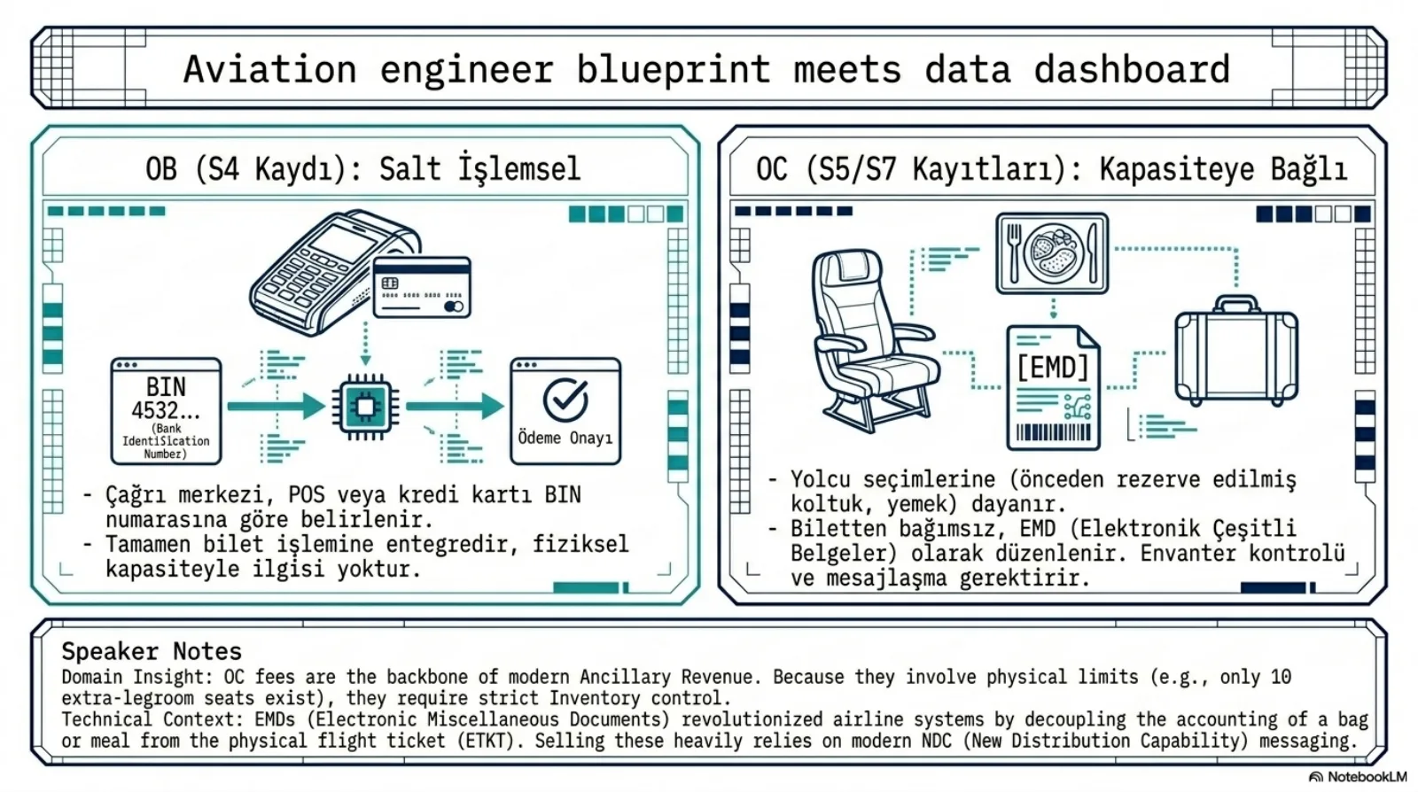 Başlık: Aviation engineer blueprint meets data dashboard. Sol panel, OB (S4 kaydı): salt işlemsel. Bir POS cihazı ve kredi kartı; BIN 4532 yazan kutudan bir işlemciye, oradan Ödeme Onayı kutusuna giden oklar. Maddeler: çağrı merkezi, POS veya kredi kartı BIN numarasına göre belirlenir; tamamen bilet işlemine entegredir, fiziksel kapasiteyle ilgisi yoktur. Sağ panel, OC (S5/S7 kayıtları): kapasiteye bağlı. Bir koltuk, bir yemek tepsisi ve bir bavul, ortadaki EMD belgesine kesikli çizgilerle bağlı. Maddeler: yolcu seçimlerine (önceden rezerve edilmiş koltuk, yemek) dayanır; biletten bağımsız, EMD (Elektronik Çeşitli Belgeler) olarak düzenlenir, envanter kontrolü ve mesajlaşma gerektirir. Konuşmacı notu: OC ücretleri modern yan gelirin omurgası; fiziksel sınır içerdikleri için (örneğin yalnızca 10 geniş diz mesafeli koltuk) sıkı envanter kontrolü ister; EMD bagaj ya da yemeğin muhasebesini uçuş biletinden (ETKT) ayırdı ve bu satış büyük ölçüde NDC mesajlaşmasına dayanıyor.