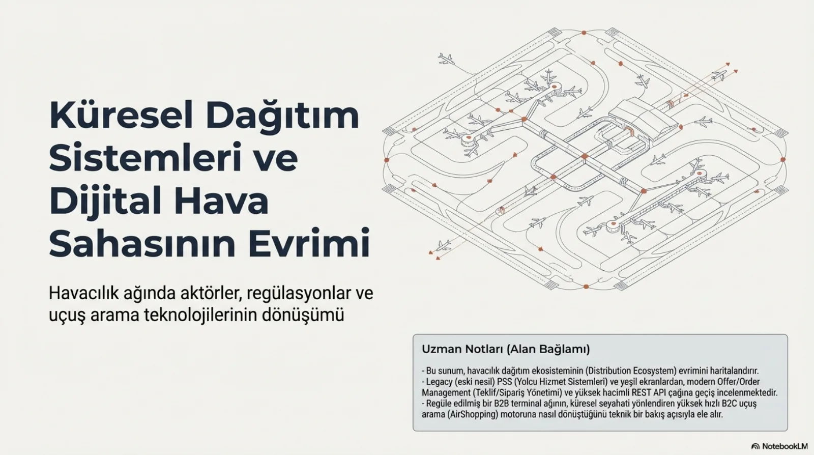 Sunumun kapak slaytı. Solda başlık: Küresel Dağıtım Sistemleri ve Dijital Hava Sahasının Evrimi. Alt başlık: havacılık ağında aktörler, regülasyonlar ve uçuş arama teknolojilerinin dönüşümü. Sağda havalimanı apron ve taksi yollarının izometrik teknik çizimi, park halinde uçaklar ve turuncu düğümler. Altta uzman notları: bu sunum havacılık dağıtım ekosisteminin evrimini haritalandırır; legacy PSS ve yeşil ekranlardan modern offer/order management ve yüksek hacimli REST API çağına geçiş incelenmektedir; regüle edilmiş bir B2B terminal ağının küresel seyahati yönlendiren yüksek hızlı B2C uçuş arama (AirShopping) motoruna nasıl dönüştüğünü teknik bakış açısıyla ele alır.