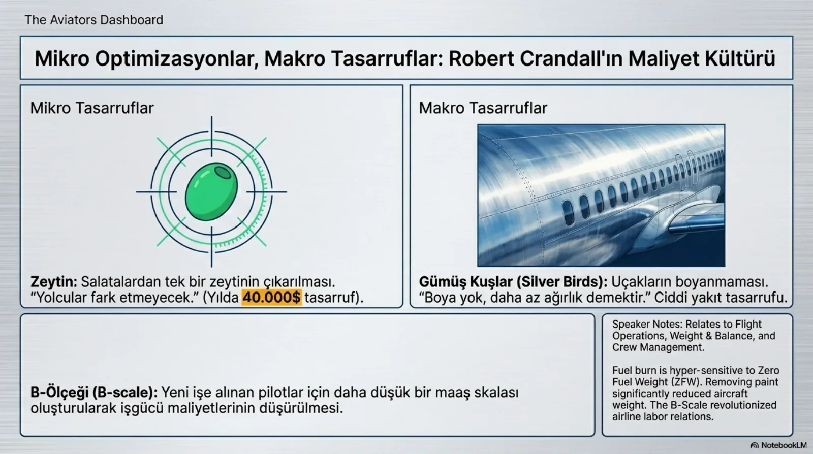 The Aviators Dashboard, başlık: Mikro Optimizasyonlar, Makro Tasarruflar, Robert Crandall’ın Maliyet Kültürü. Solda mikro tasarruflar: nişangâh içinde yeşil bir zeytin; zeytin, salatalardan tek bir zeytinin çıkarılması, yolcular fark etmeyecek, yılda 40.000 dolar tasarruf. Sağda makro tasarruflar: boyasız, parlatılmış metal gövdeli bir uçak fotoğrafı; gümüş kuşlar (silver birds), uçakların boyanmaması, boya yok daha az ağırlık demektir, ciddi yakıt tasarrufu. Altta B-ölçeği (B-scale): yeni işe alınan pilotlar için daha düşük bir maaş skalası oluşturularak işgücü maliyetlerinin düşürülmesi. Konuşmacı notu: uçuş operasyonları, ağırlık ve denge, mürettebat yönetimiyle ilgili; yakıt tüketimi sıfır yakıt ağırlığına (ZFW) aşırı duyarlıdır, boyayı kaldırmak uçak ağırlığını önemli ölçüde azalttı; B-scale havayolu işçi ilişkilerinde devrim yarattı.