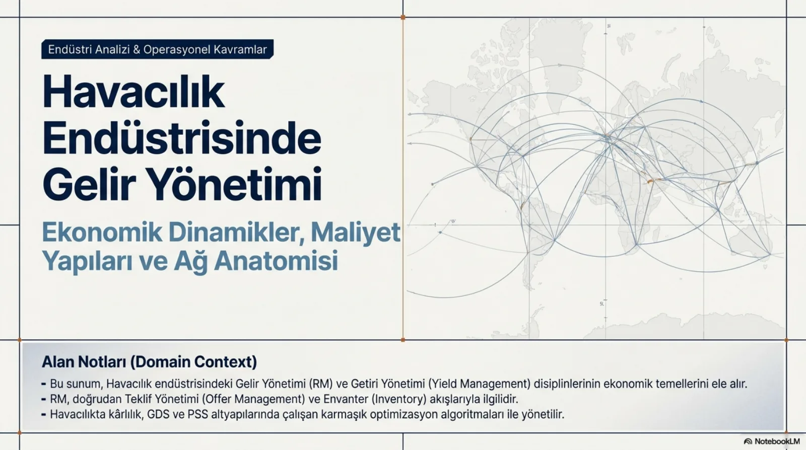 Sunumun kapak slaytı. Sol üstte etiket: Endüstri Analizi ve Operasyonel Kavramlar. Başlık: Havacılık Endüstrisinde Gelir Yönetimi. Alt başlık: Ekonomik Dinamikler, Maliyet Yapıları ve Ağ Anatomisi. Sağda dünya haritası üzerinde kıtalar arasında kesişen ince uçuş yayları. Altta Alan Notları kutusu: bu sunum havacılıktaki gelir yönetimi (RM) ve getiri yönetimi (yield management) disiplinlerinin ekonomik temellerini ele alır; RM doğrudan teklif yönetimi (offer management) ve envanter (inventory) akışlarıyla ilgilidir; havacılıkta kârlılık GDS ve PSS altyapılarında çalışan karmaşık optimizasyon algoritmaları ile yönetilir.