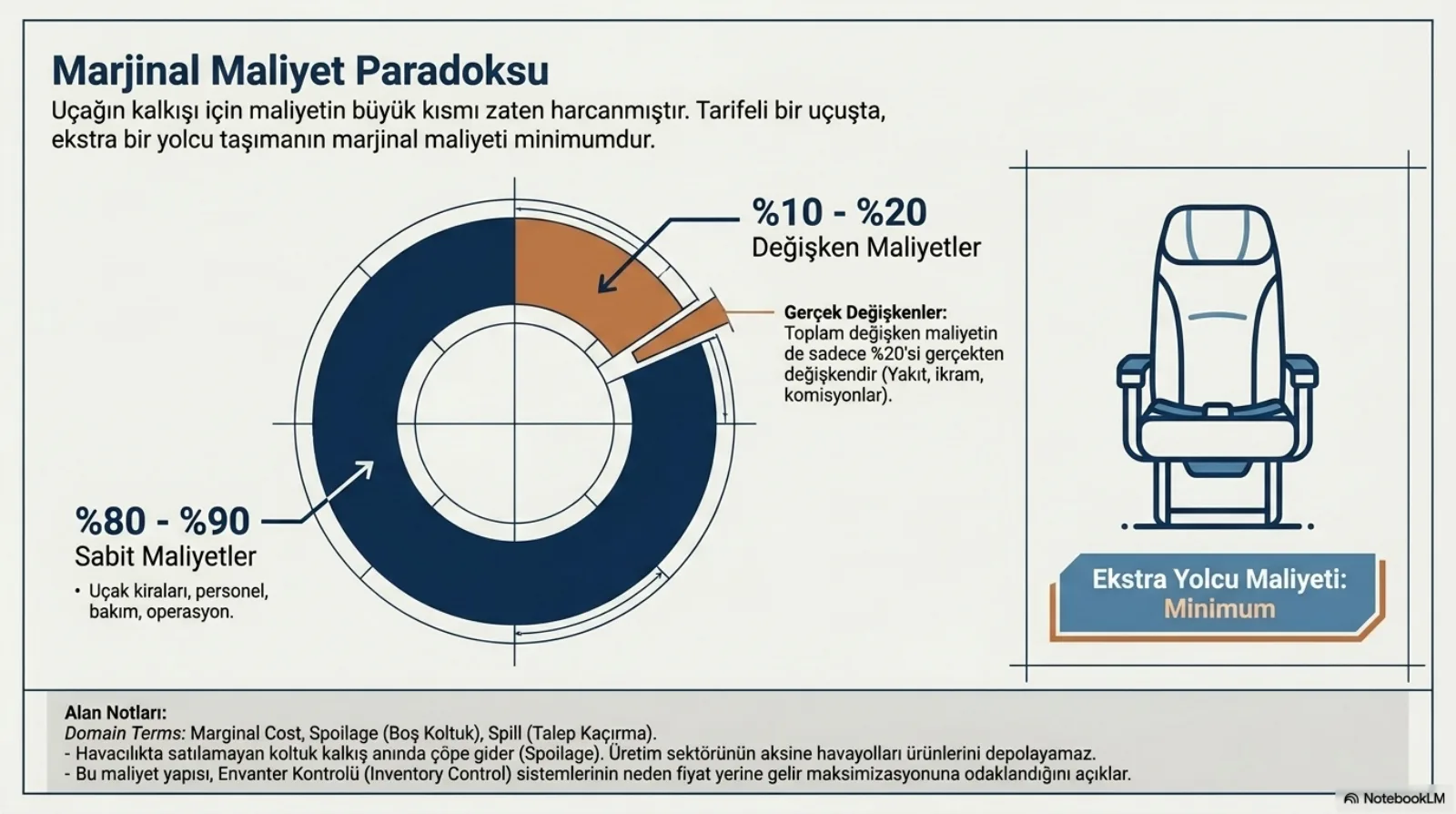 Başlık: Marjinal Maliyet Paradoksu. Açıklama: uçağın kalkışı için maliyetin büyük kısmı zaten harcanmıştır; tarifeli bir uçuşta ekstra bir yolcu taşımanın marjinal maliyeti minimumdur. Ortada halka grafik: koyu mavi büyük dilim yüzde 80-90 sabit maliyetler (uçak kiraları, personel, bakım, operasyon); turuncu küçük dilim yüzde 10-20 değişken maliyetler; turuncu dilimden ayrılan ince bir parça için not: gerçek değişkenler, toplam değişken maliyetin de sadece yüzde 20’si gerçekten değişkendir (yakıt, ikram, komisyonlar). Sağda boş bir yolcu koltuğu çizimi ve altında kutu: Ekstra Yolcu Maliyeti, Minimum. Alan notları: marginal cost, spoilage (boş koltuk) ve spill (talep kaçırma) terimleri; havacılıkta satılamayan koltuk kalkış anında çöpe gider (spoilage), üretim sektörünün aksine havayolları ürünlerini depolayamaz; bu maliyet yapısı envanter kontrolü sistemlerinin neden fiyat yerine gelir maksimizasyonuna odaklandığını açıklar.