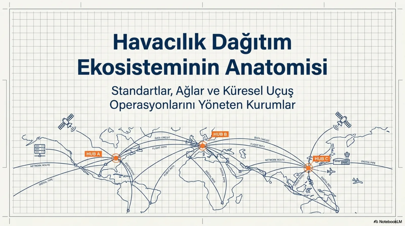 Sunumun kapak slaytı, kareli teknik çizim zemini. Başlık: Havacılık Dağıtım Ekosisteminin Anatomisi. Alt başlık: standartlar, ağlar ve küresel uçuş operasyonlarını yöneten kurumlar. Altta dünya haritası üzerinde Hub A, Hub B ve Hub C etiketli üç turuncu merkez; aralarında uçuş rotası, veri devresi, ağ rotası ve dijital hat etiketli kavisli çizgiler; kenarlarda uydu, sunucu ve havalimanı kulesi simgeleri.