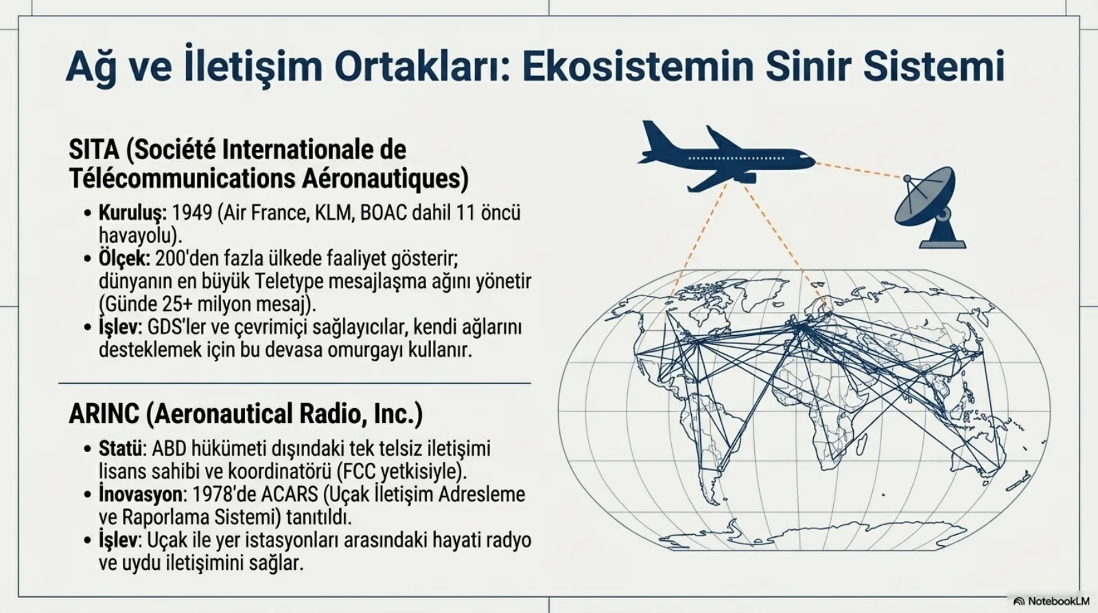 Başlık: Ağ ve İletişim Ortakları, Ekosistemin Sinir Sistemi. Solda iki kurum. SITA (Société Internationale de Télécommunications Aéronautiques): kuruluş 1949 (Air France, KLM, BOAC dahil 11 öncü havayolu); ölçek, 200’den fazla ülkede faaliyet gösterir, dünyanın en büyük teletype mesajlaşma ağını yönetir (günde 25 milyondan fazla mesaj); işlev, GDS’ler ve çevrimiçi sağlayıcılar kendi ağlarını desteklemek için bu devasa omurgayı kullanır. ARINC (Aeronautical Radio, Inc.): statü, ABD hükümeti dışındaki tek telsiz iletişimi lisans sahibi ve koordinatörü (FCC yetkisiyle); inovasyon, 1978’de ACARS (uçak iletişim adresleme ve raporlama sistemi) tanıtıldı; işlev, uçak ile yer istasyonları arasındaki hayati radyo ve uydu iletişimini sağlar. Sağda bir uçak, uydu anteni ve küre üzerinde birbirine bağlı düğümlerden oluşan ağ çizimi.