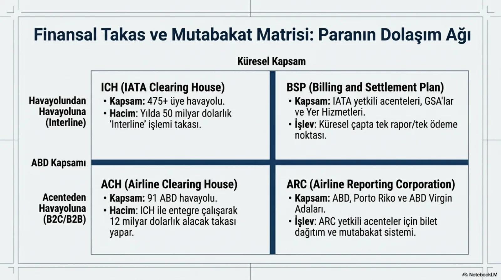 Başlık: Finansal Takas ve Mutabakat Matrisi, Paranın Dolaşım Ağı. İki eksenli dört hücre; üst satır küresel kapsam, alt satır ABD kapsamı; sol sütun havayolundan havayoluna (interline), sağ sütun acenteden havayoluna (B2C/B2B). ICH (IATA Clearing House): kapsam 475’ten fazla üye havayolu; hacim yılda 50 milyar dolarlık interline işlemi takası. BSP (Billing and Settlement Plan): kapsam IATA yetkili acenteleri, GSA’lar ve yer hizmetleri; işlev küresel çapta tek rapor, tek ödeme noktası. ACH (Airline Clearing House): kapsam 91 ABD havayolu; hacim ICH ile entegre çalışarak 12 milyar dolarlık alacak takası. ARC (Airline Reporting Corporation): kapsam ABD, Porto Riko ve ABD Virgin Adaları; işlev ARC yetkili acenteler için bilet dağıtım ve mutabakat sistemi.