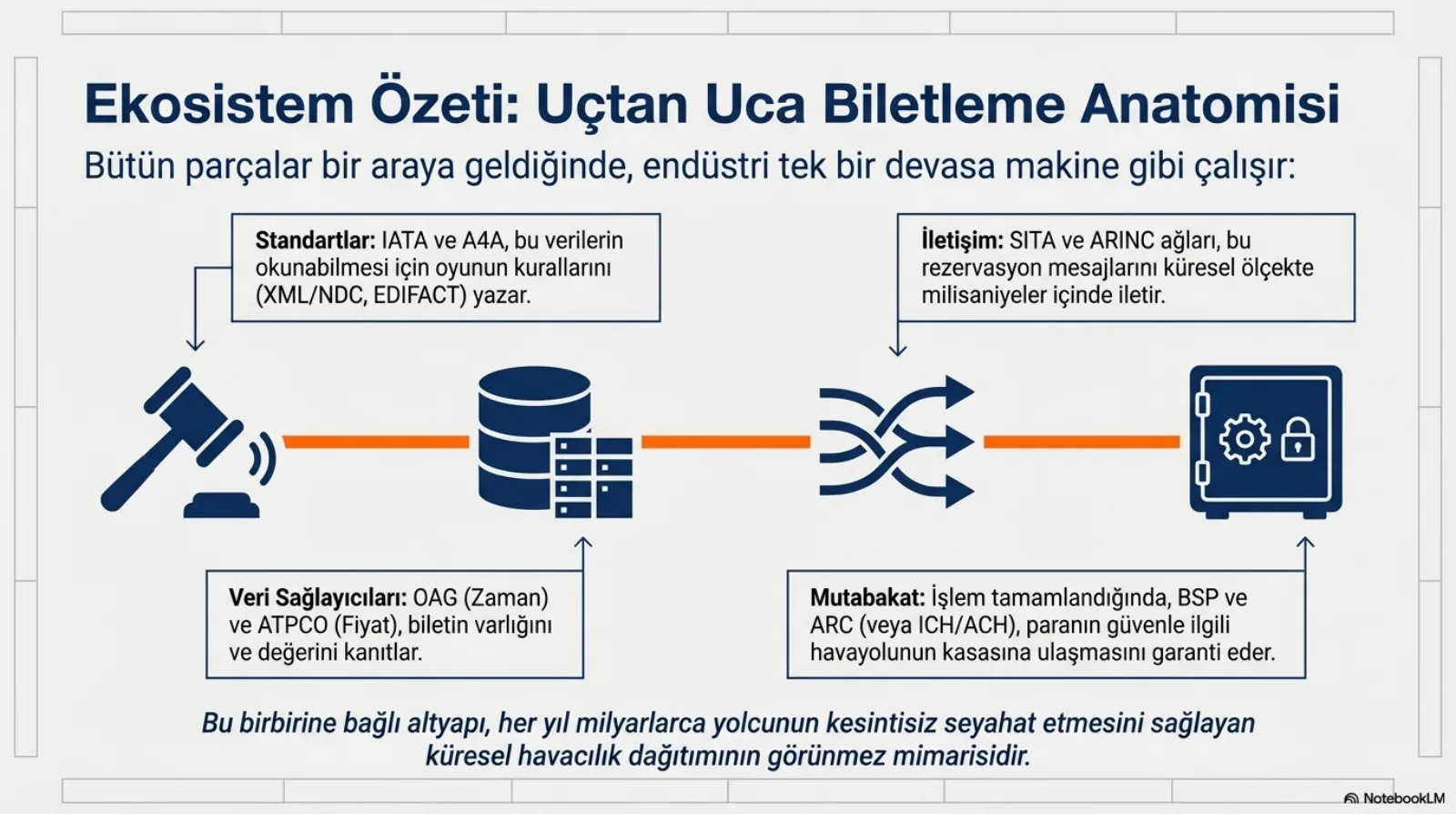 Başlık: Ekosistem Özeti, Uçtan Uca Biletleme Anatomisi. Alt başlık: bütün parçalar bir araya geldiğinde endüstri tek bir devasa makine gibi çalışır. Dört simge turuncu çizgiyle soldan sağa bağlı: tokmak, veritabanı, kesişen oklar, kasa. Standartlar: IATA ve A4A, bu verilerin okunabilmesi için oyunun kurallarını (XML/NDC, EDIFACT) yazar. Veri sağlayıcıları: OAG (zaman) ve ATPCO (fiyat), biletin varlığını ve değerini kanıtlar. İletişim: SITA ve ARINC ağları, bu rezervasyon mesajlarını küresel ölçekte milisaniyeler içinde iletir. Mutabakat: işlem tamamlandığında BSP ve ARC (veya ICH/ACH), paranın güvenle ilgili havayolunun kasasına ulaşmasını garanti eder. Altta: bu birbirine bağlı altyapı, her yıl milyarlarca yolcunun kesintisiz seyahat etmesini sağlayan küresel havacılık dağıtımının görünmez mimarisidir.