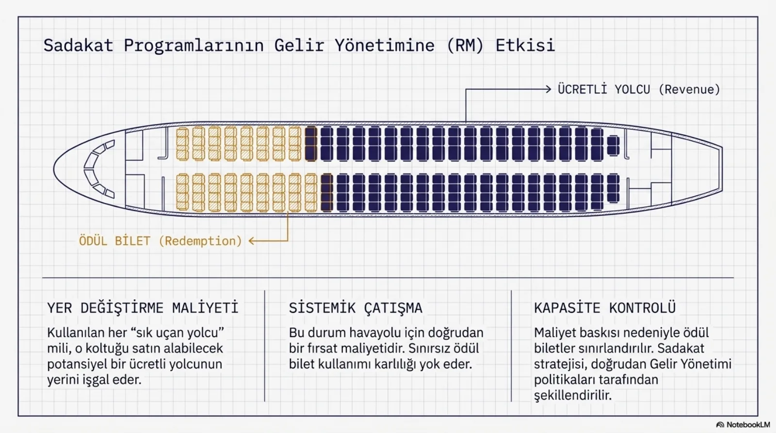 Başlık: Sadakat Programlarının Gelir Yönetimine (RM) Etkisi. Uçak kabin planı: ön bölümdeki koltuklar turuncu taralı, ödül bilet (redemption); arka bölümdeki koltuklar lacivert, ücretli yolcu (revenue). Altta üç sütun. Yer değiştirme maliyeti: kullanılan her sık uçan yolcu mili, o koltuğu satın alabilecek potansiyel bir ücretli yolcunun yerini işgal eder. Sistemik çatışma: bu durum havayolu için doğrudan bir fırsat maliyetidir, sınırsız ödül bilet kullanımı kârlılığı yok eder. Kapasite kontrolü: maliyet baskısı nedeniyle ödül biletler sınırlandırılır, sadakat stratejisi doğrudan gelir yönetimi politikaları tarafından şekillendirilir.
