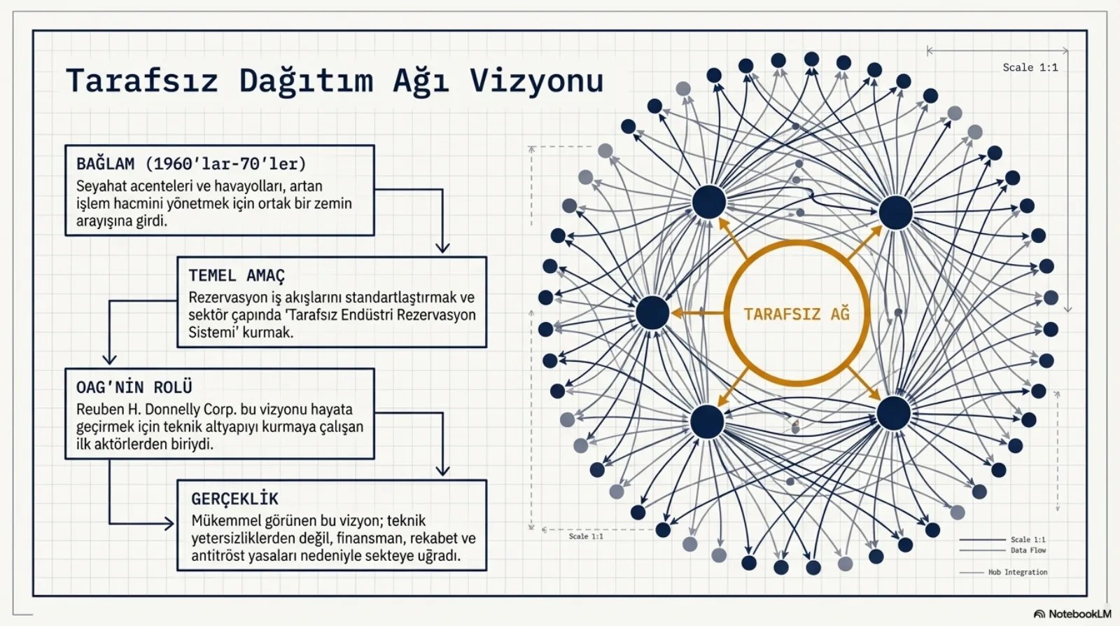 Başlık: Tarafsız Dağıtım Ağı Vizyonu. Solda dört kutu. Bağlam (1960’lar-70’ler): seyahat acenteleri ve havayolları artan işlem hacmini yönetmek için ortak bir zemin arayışına girdi. Temel amaç: rezervasyon iş akışlarını standartlaştırmak ve sektör çapında tarafsız endüstri rezervasyon sistemi kurmak. OAG’nin rolü: Reuben H. Donnelly Corp. bu vizyonu hayata geçirmek için teknik altyapıyı kurmaya çalışan ilk aktörlerden biriydi. Gerçeklik: mükemmel görünen bu vizyon teknik yetersizliklerden değil, finansman, rekabet ve antitröst yasaları nedeniyle sekteye uğradı. Sağda ortasında turuncu tarafsız ağ halkası olan, yüzlerce okla örülmüş dairesel bir ağ diyagramı.