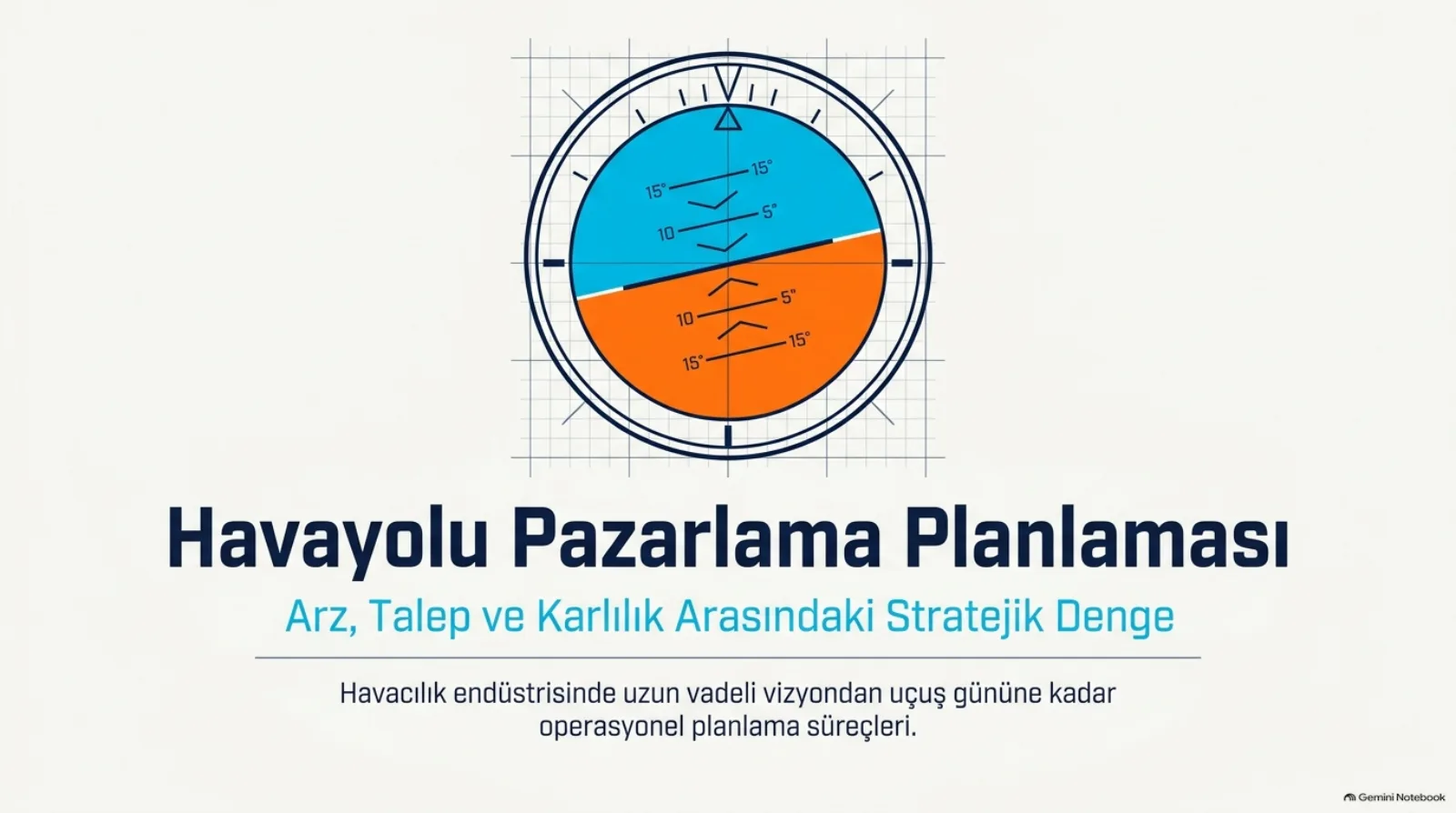 Sunumun kapak slaytı. Ortada bir yapay ufuk göstergesi: üst yarısı mavi gökyüzü, alt yarısı turuncu zemin, ufuk çizgisi hafif eğik, üzerinde 5, 10 ve 15 derecelik yunuslama çizgileri. Başlık: Havayolu Pazarlama Planlaması. Alt başlık: Arz, Talep ve Karlılık Arasındaki Stratejik Denge. Alt metin: havacılık endüstrisinde uzun vadeli vizyondan uçuş gününe kadar operasyonel planlama süreçleri.