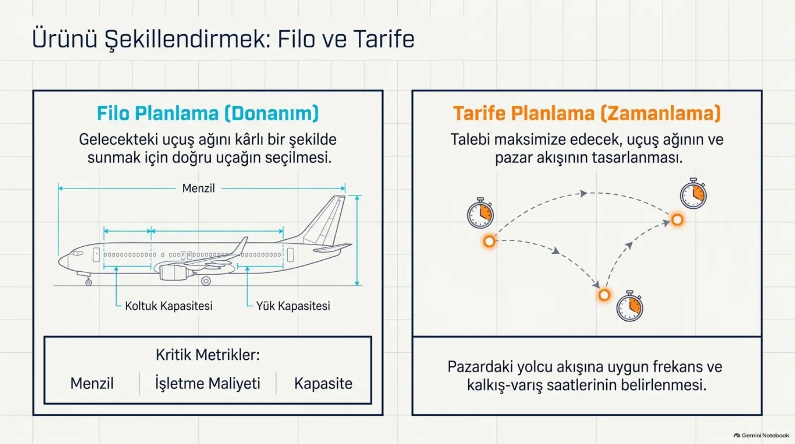 Başlık: Ürünü Şekillendirmek, Filo ve Tarife. Sol panel, Filo Planlama (Donanım): gelecekteki uçuş ağını kârlı bir şekilde sunmak için doğru uçağın seçilmesi. Bir uçağın yandan teknik çizimi; menzil, koltuk kapasitesi ve yük kapasitesi ölçü çizgileriyle işaretli. Altta kritik metrikler: menzil, işletme maliyeti, kapasite. Sağ panel, Tarife Planlama (Zamanlama): talebi maksimize edecek uçuş ağının ve pazar akışının tasarlanması. Kronometrelerle işaretli üç turuncu nokta arasında kesikli oklar. Altta: pazardaki yolcu akışına uygun frekans ve kalkış-varış saatlerinin belirlenmesi.